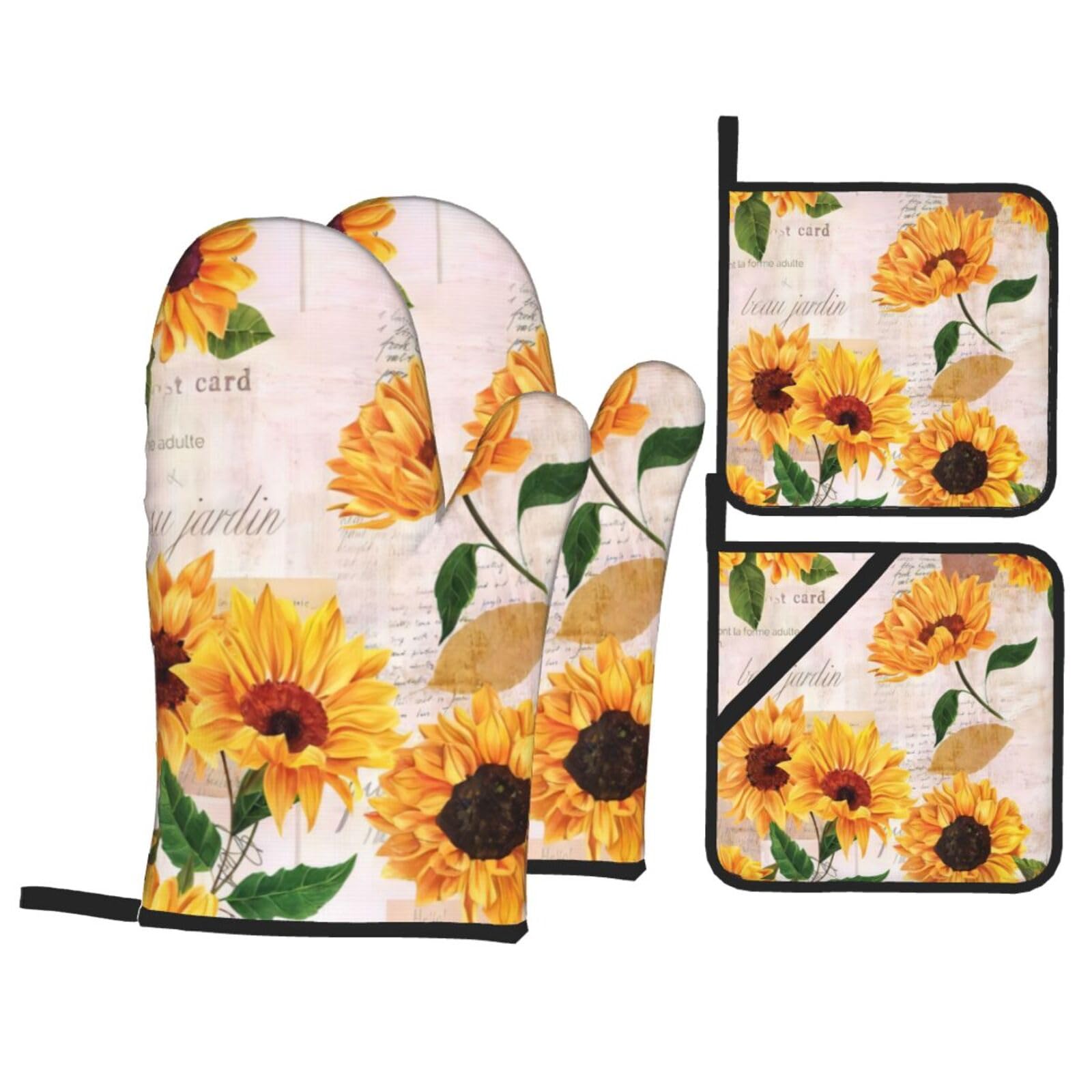 Sunflower Printed Baking 4-Piece Set, includes oven mitts and a heat-resistant mat, suitable for oven and BBQ use