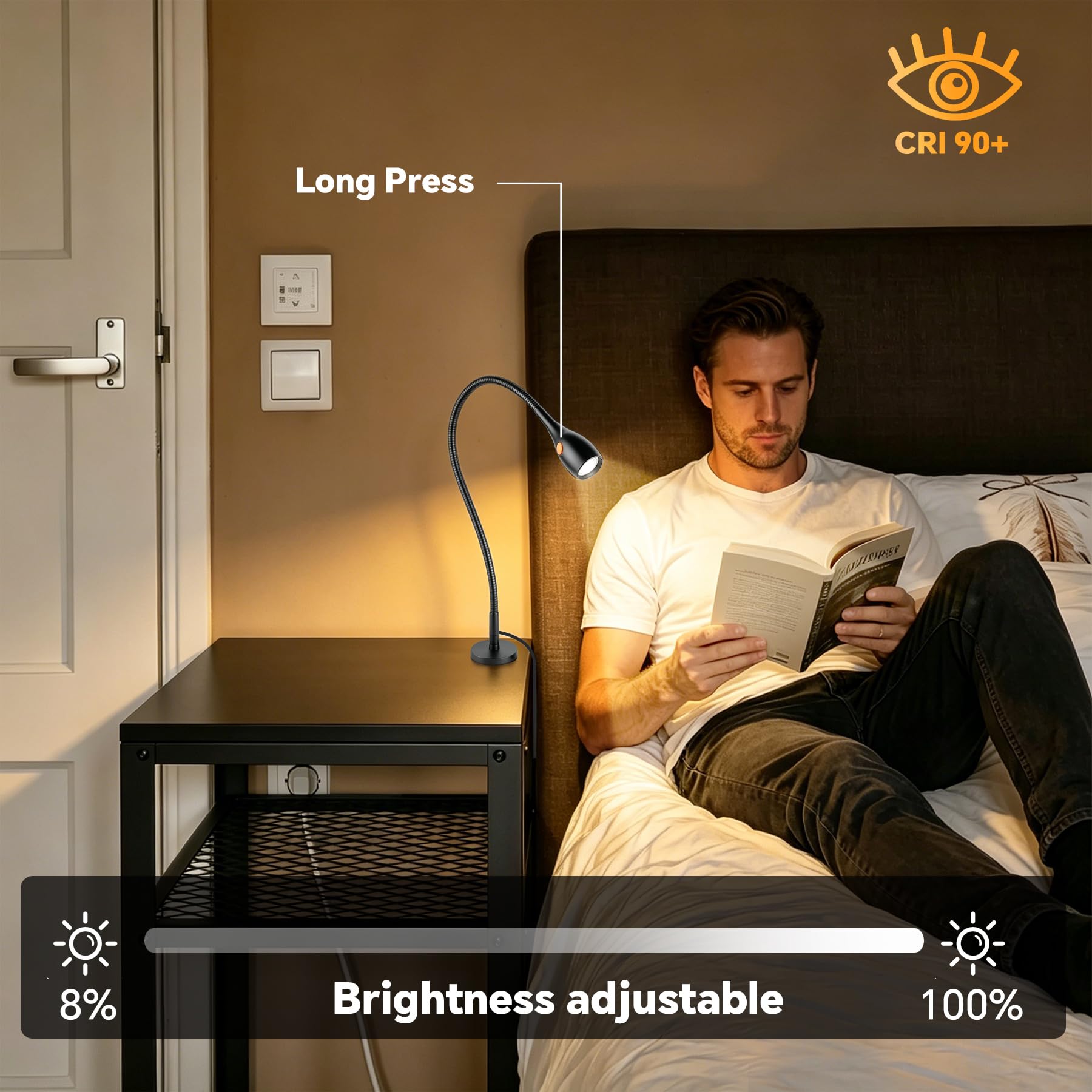 acegoo Magnetische Leselampe, Vollmetall Bett Lampe mit Flexible für Nachttisch und Buch Dimmbar, praktischer Schalter am Lampenkopf, 3000K/Amber LED CRI 90 (Schwarz)