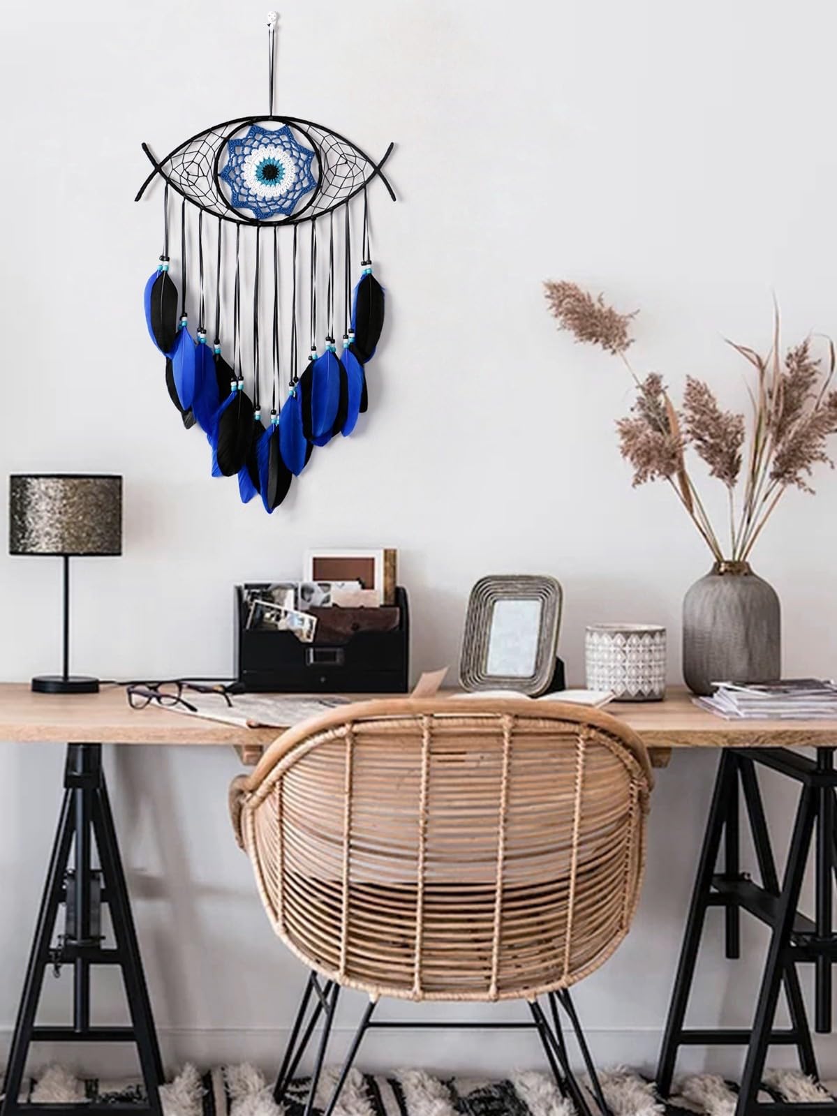 Atrapasueños Negro Mal de Ojo Plumas Azules Cuentas Decoración Dormitorio Colgante Pared Gótico Macramé