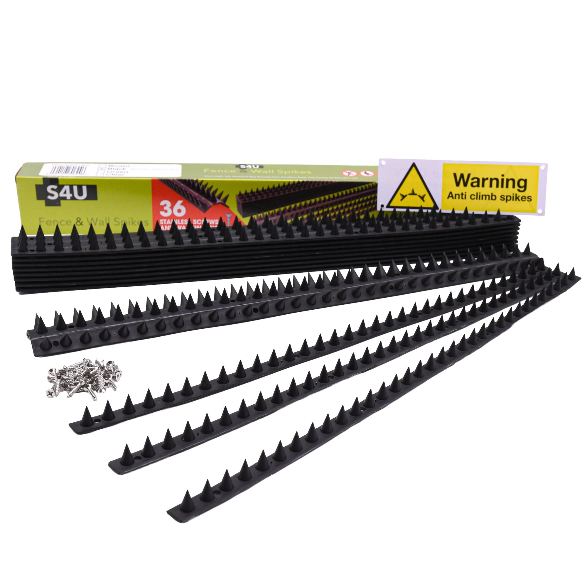S4U Fence Wall Spikes Garden Security Guard Anti-Pigeon Cat Bird Spikes Intruder Pest Deterrent 50 x 4.5 x 1.5cm Warning Sign & Screws Included (15m, 30pcs - Black)