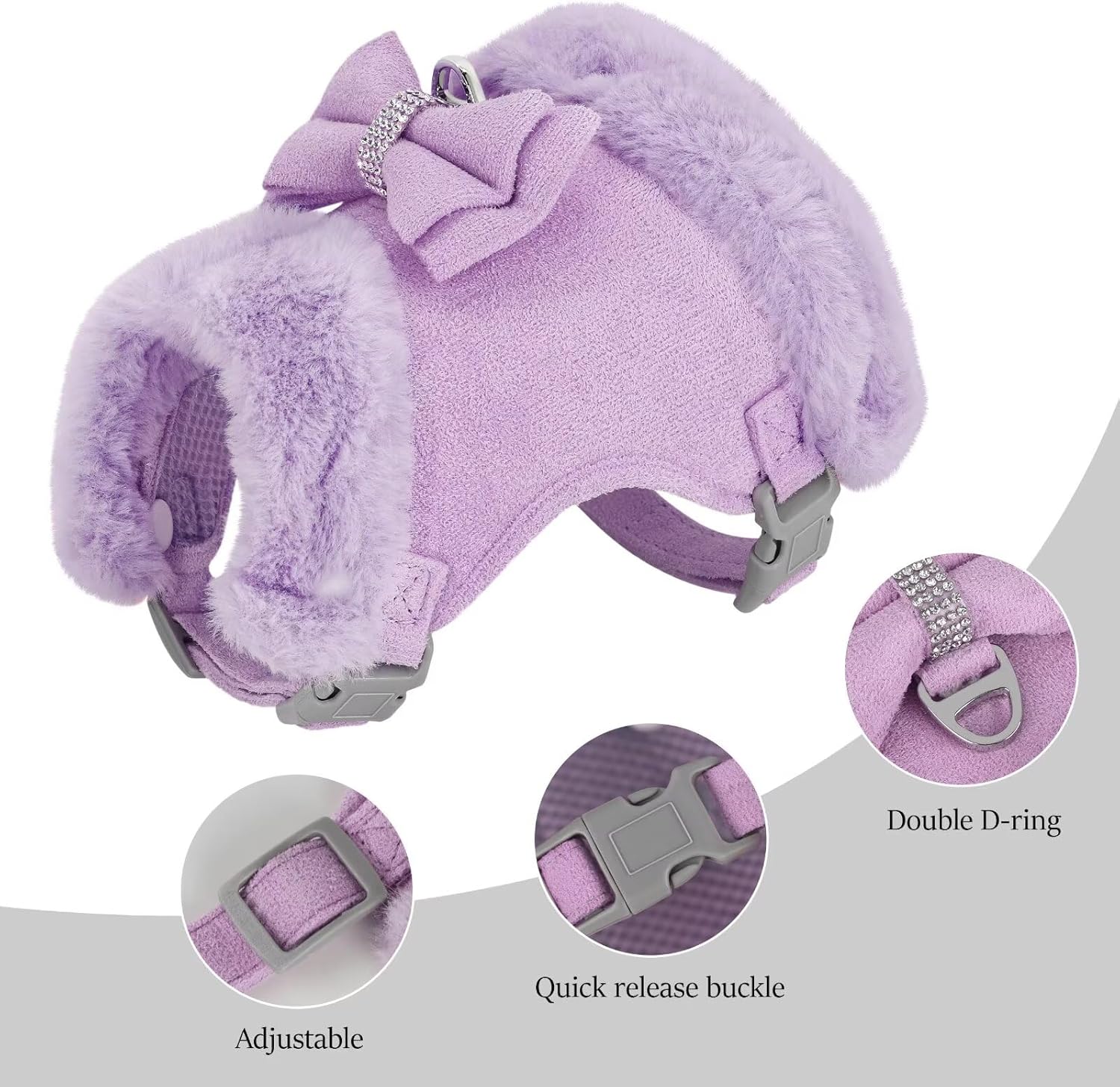 Didog Small Dog Harness and Leash Set, Winter Cute Dog Harness with Bow Tie, Adjustable Soft Padded Puppy Vest with Removable Plush Collar for XS Small and Medium Sized Dogs (Purple, S)