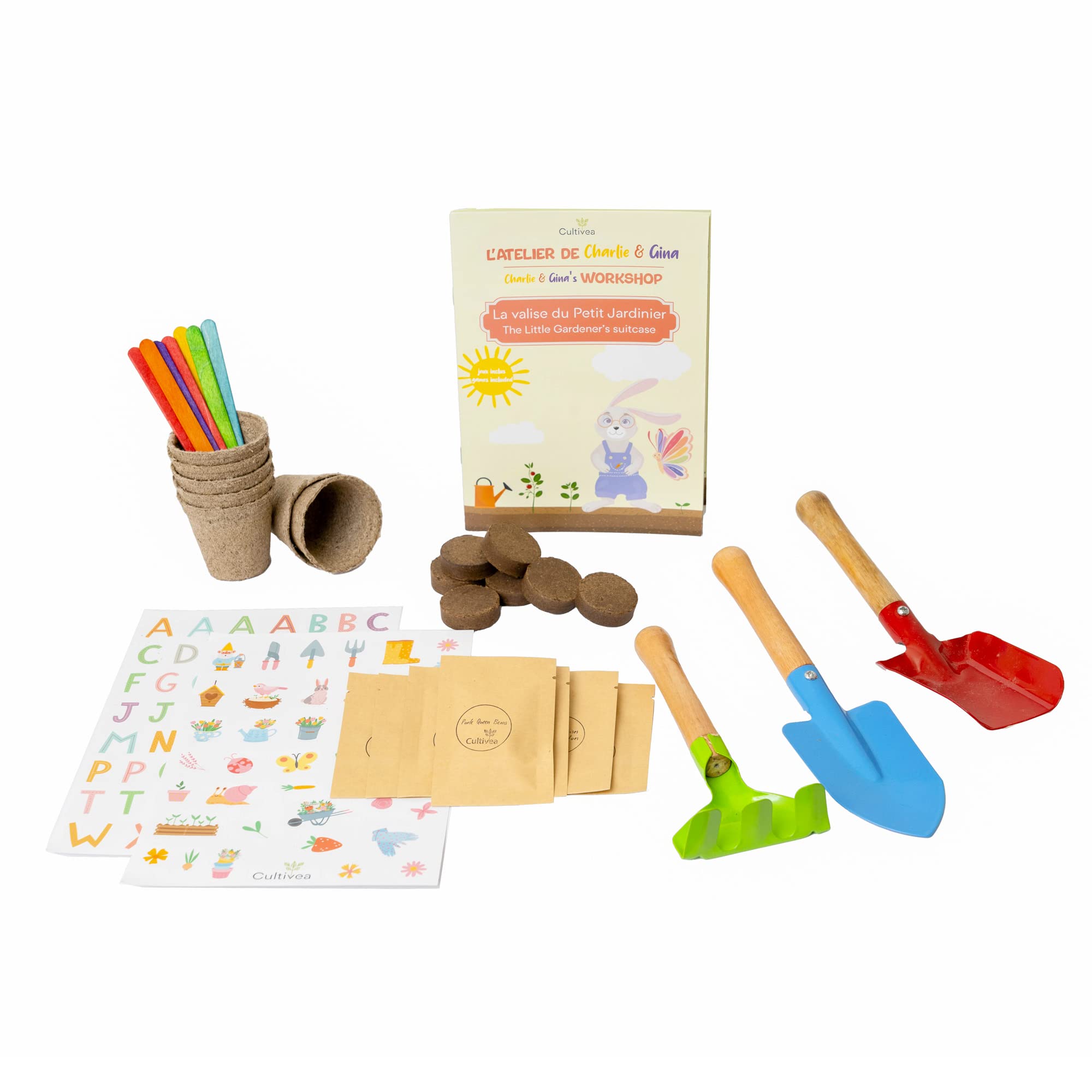 Cultivea® Pegatinas Valisette - Kit de Cultivo - Macetas - Semillas 100% ecológicas - Actividad Divertida - Ideal para Regalar a los niños (Tomate, Lechuga, Fresa, Albahaca, Aciano, Judía, Rábano)