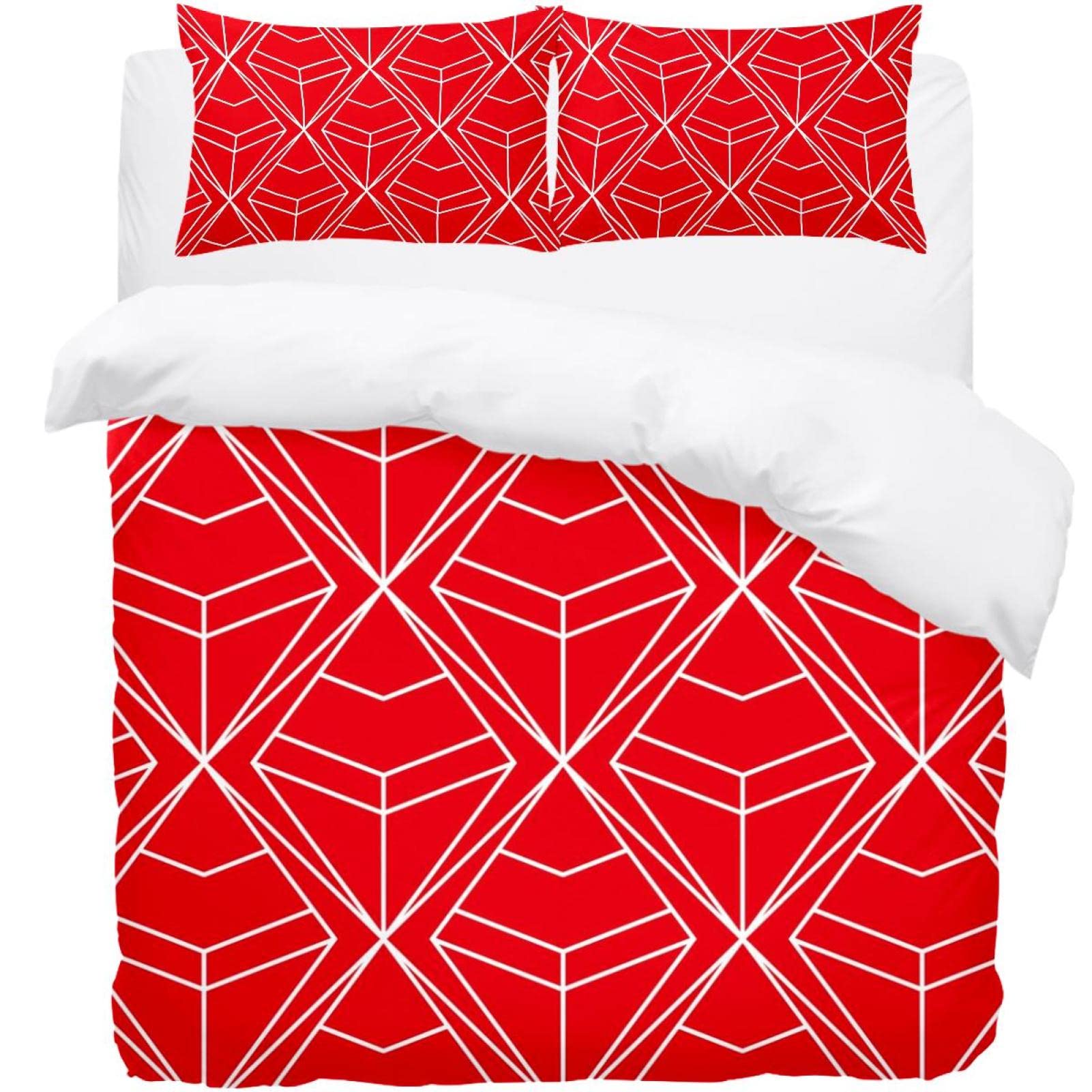 Housse de couette et 2 taies d'oreiller au design géométrique rouge d'exception
