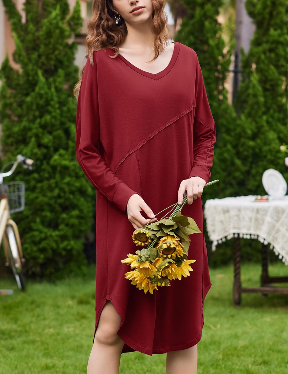 Ekouaer Womens Nightgown Long Sleeve Sleepshirt V Neck Nightshirt Casual Loungewear Soft Sleepwear - Image 4