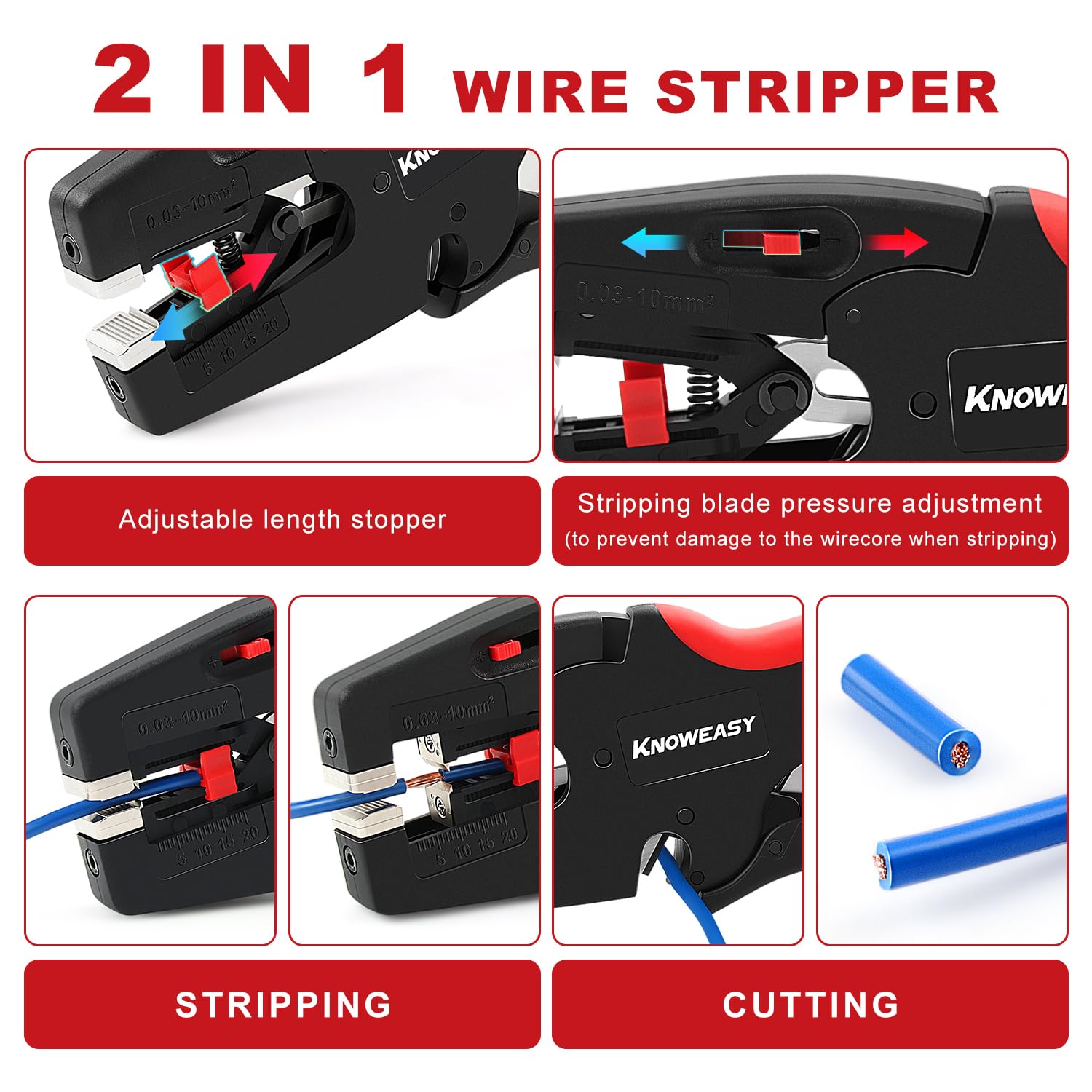 Knoweasy Pelacables mejorado: 2 en 1, alicates y cortador de cables resistentes para 32-7 AWG (0,03 mm²-10 mm²), herramienta esencial para pelar y cortar para profesionales y entusiastas del bricolaje