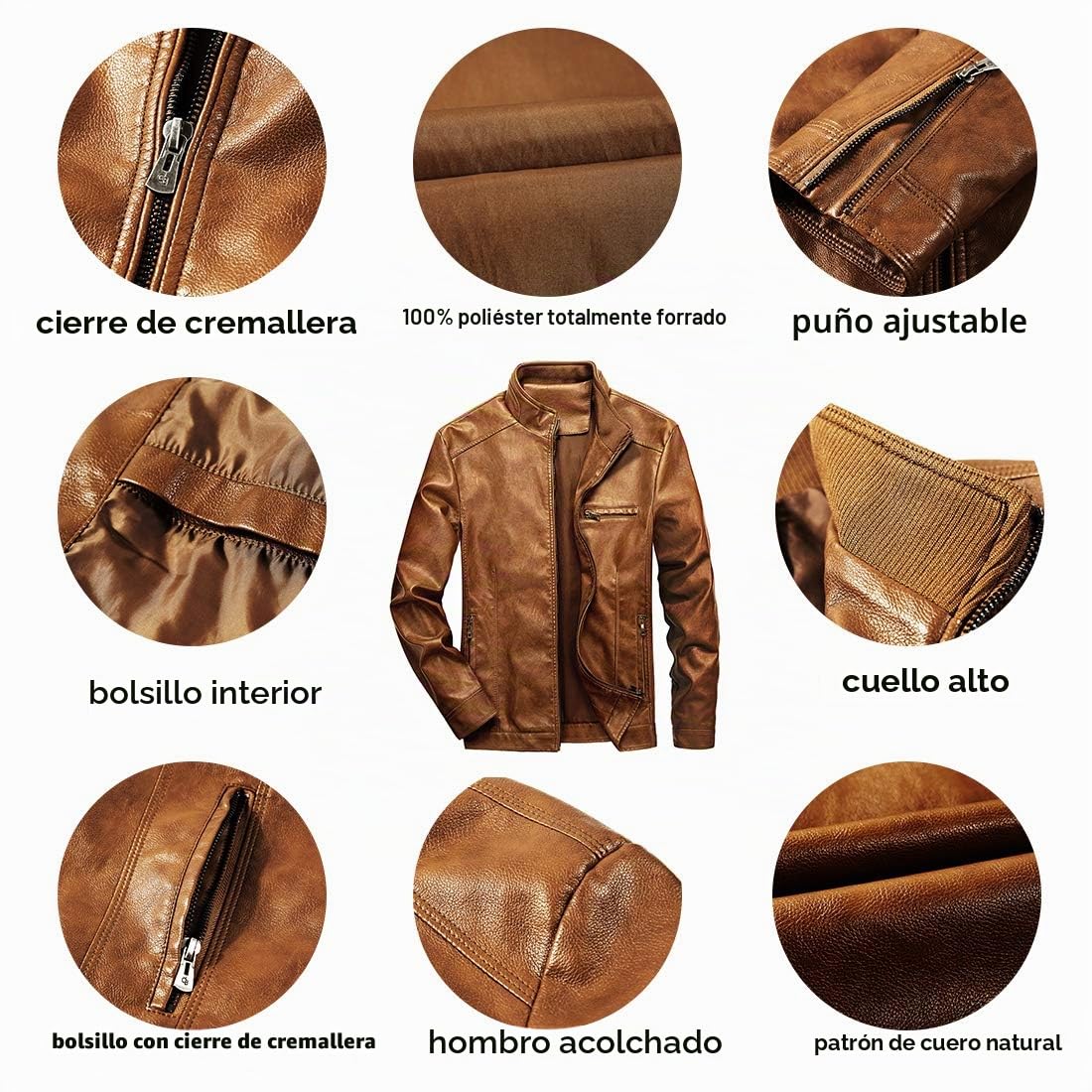 WULFUL Chaqueta de cuero para hombre, cuello alto, ligera, de piel sintética, Marrón, X-Large
