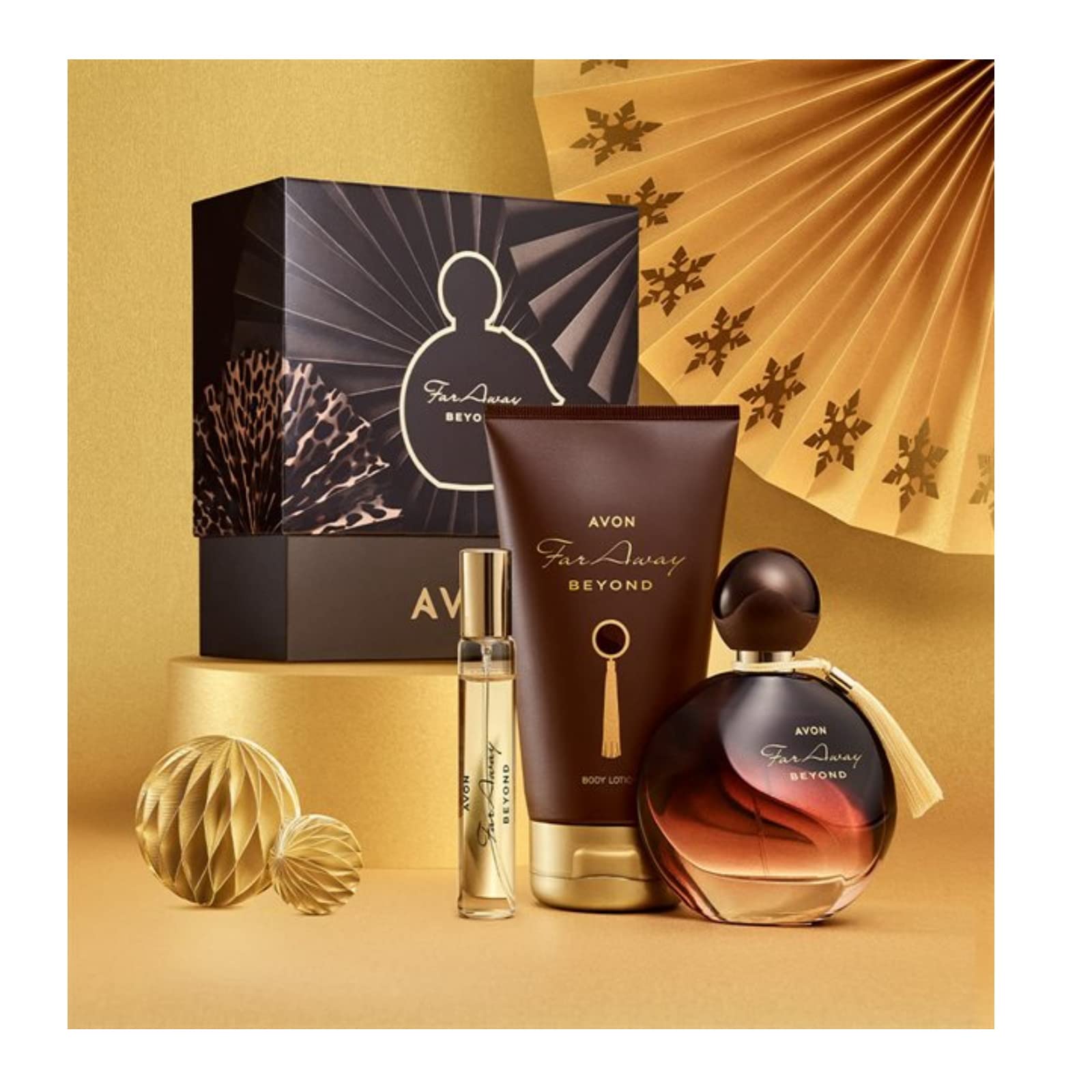 Avon Set Far Away Beyond Le Parfum 50ml + Körperlotion 150ml + Taschenspray 10ml+ Geschenkbox neuer Far Away Duft für Damen
