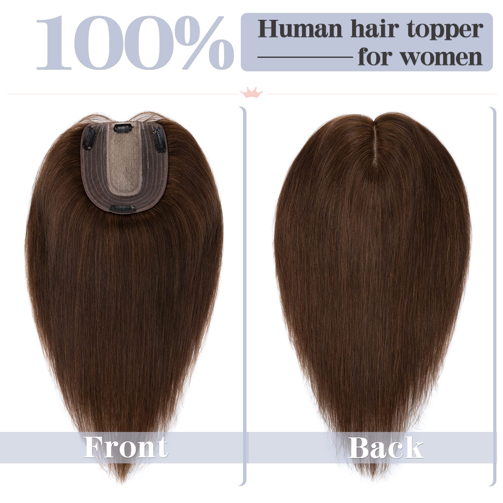 S-noilite 18 Inch 100% Human Hair Toppers Clip in Real Hair Topper for Thinning Hair Women uk Hair Piece Clip in Toupee 57g(#4 Medium Brown) - Image 2