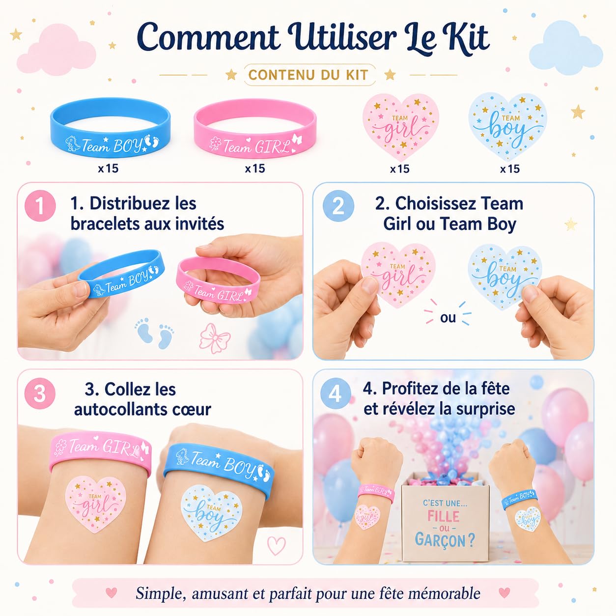 Kit de Révélation de Genre 60 Pièces avec Bracelets Silicone et Autocollants Cœur pour Annonce Grossesse