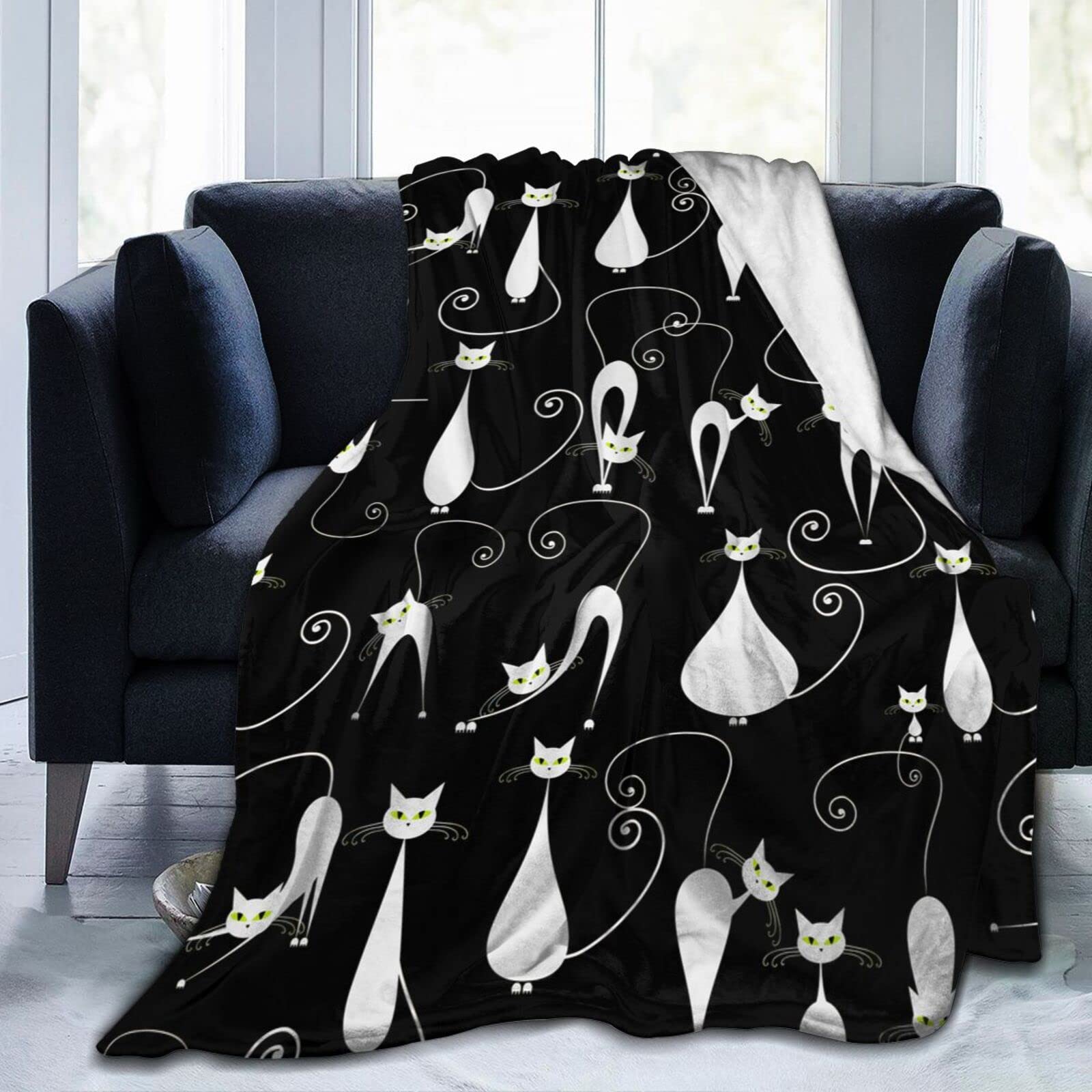 Lsjuee Funny White Cats On Black Throw Blanket Soft Cozy Lightweight Blankets Cute Animal Cat Flannel Blanket for Sofa Couch Bed Office 80"X60"