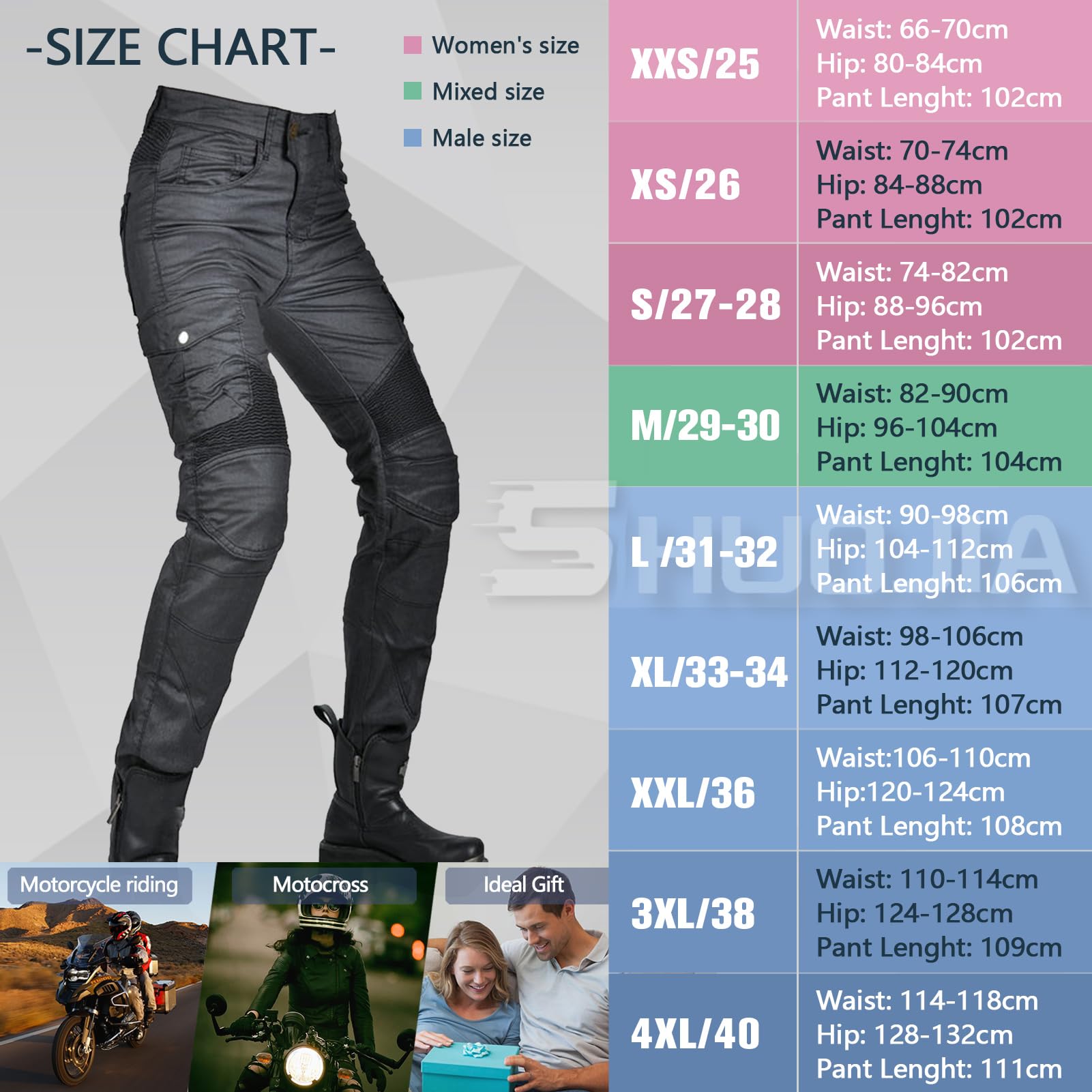 Jeans de Moto pour Femme Coupe-Vent Imperméable, Pantalon Enduit avec 2 Paires de Coussinets Amovibles pour Hanches et Genoux, Plusieurs Poches (Black, L)