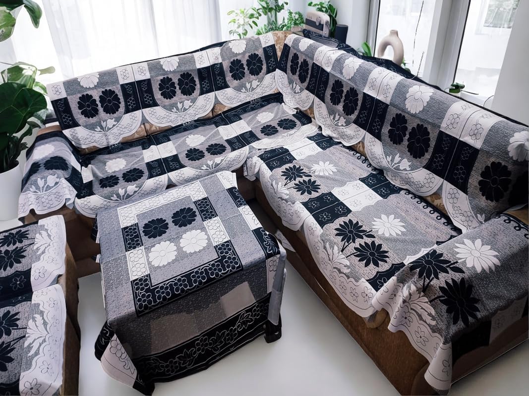 Fab Nation Cotton L Shape Sofa Covers for 7 Seater Sofa Set | Sofa Slipcovers for 4 + 3 Seaters Cover with 2 Arms + 2 Setty Covers + 1 Table Cover | Black & White