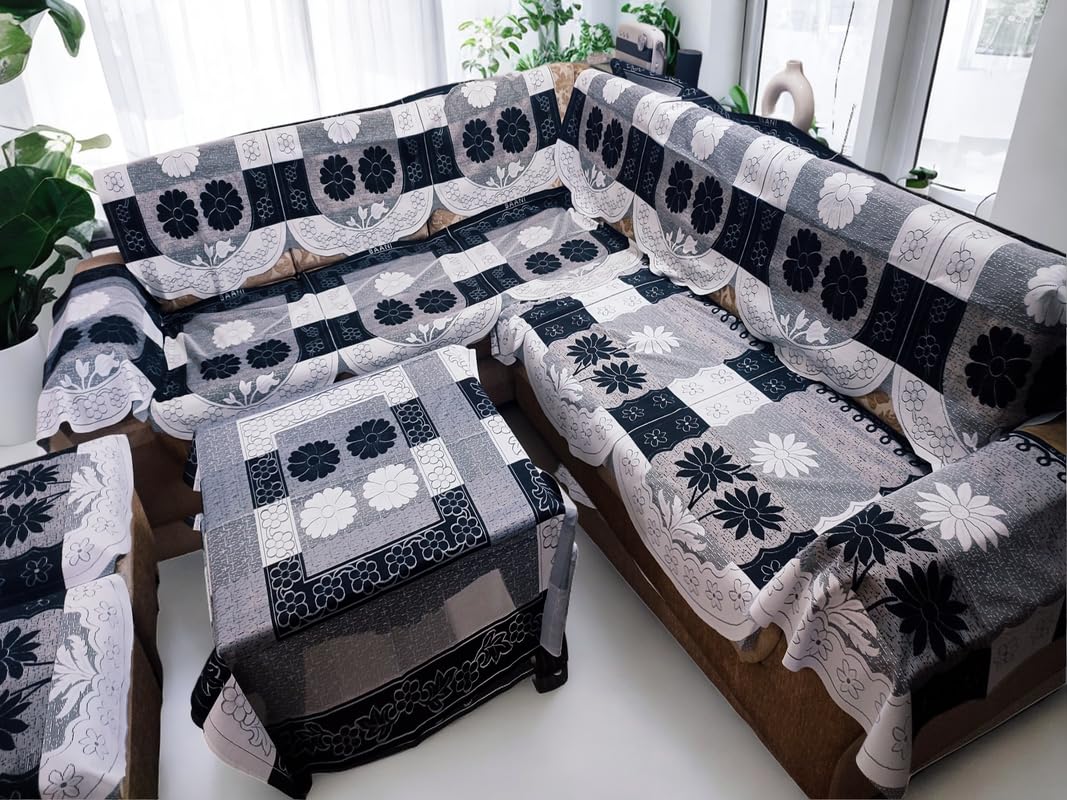 Fab Nation Sofa Cover L Shape 5 Seater for Corner L Type Sofa Set for Living Room | Cotton Sofa Slipcovers for 3 + 3 Seaters Cover with 2 Arms + 2 Setty Covers + 1 Table Cover | Black & White-image-7