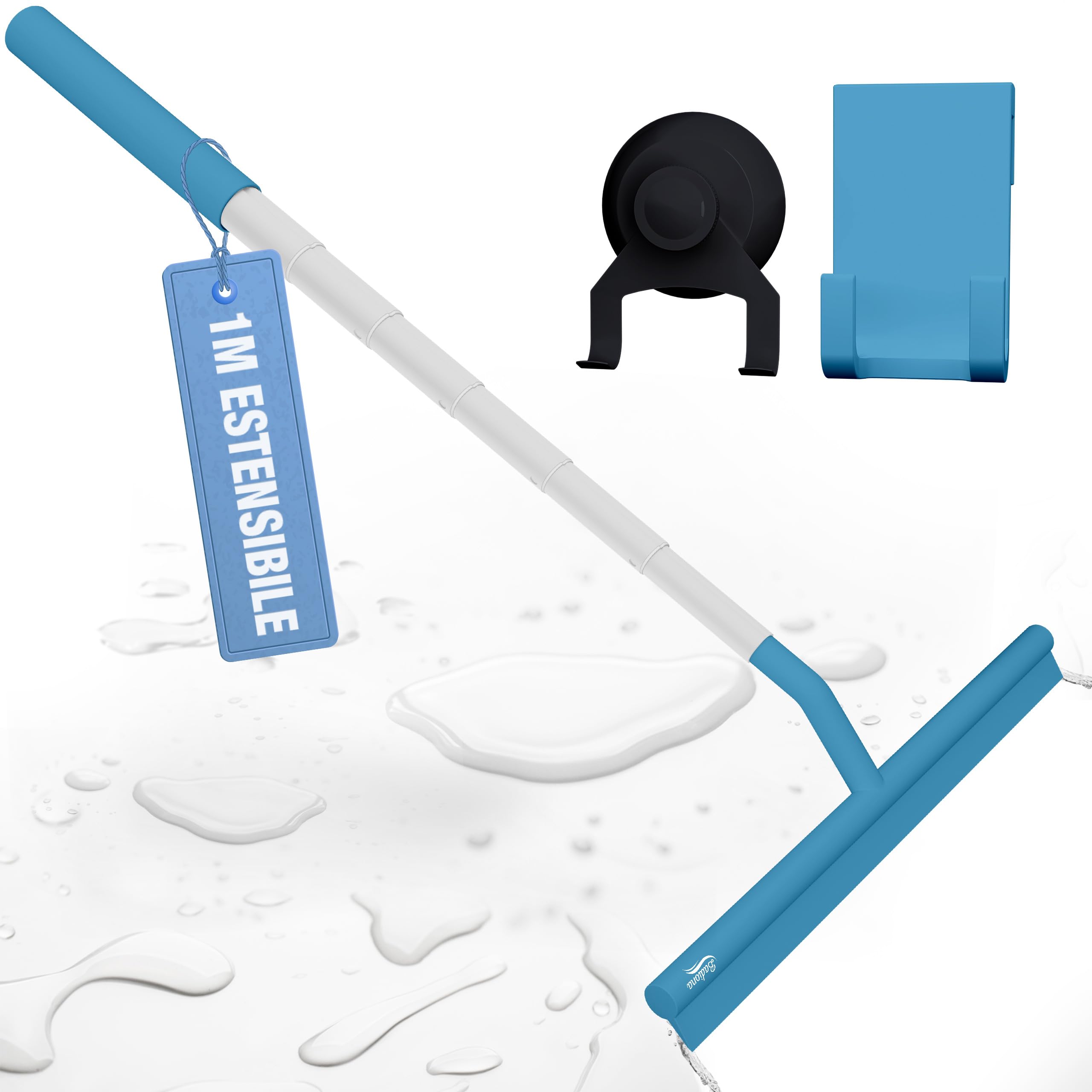 Tergivetro per doccia silicone blu - Con gancio di aspirazione & telescopica fino a 100 cm I Tira acqua da doccia I Tiraacqua per vetri Pulizia doccia I Pulitore Asciuga vetri Pulisci vetro