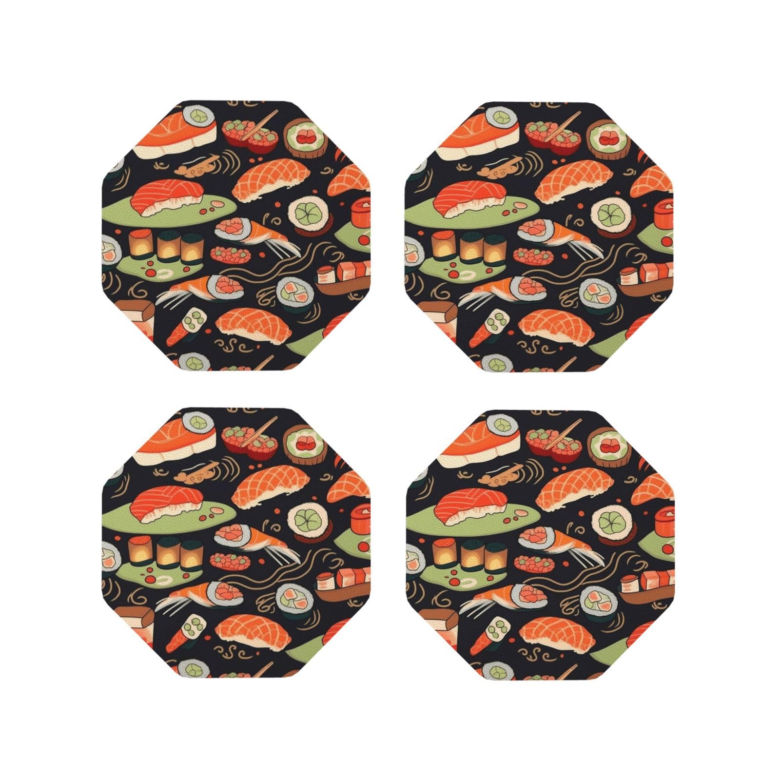 4Pcs PU Leather Coaster for Drinks, Japanese Sushi Shrimp Cup Coastersr 4" Cup Mat Pad, Aesthetic Drink Coasters for Coffee Table, Octagon Coaster for Tabletop Protection