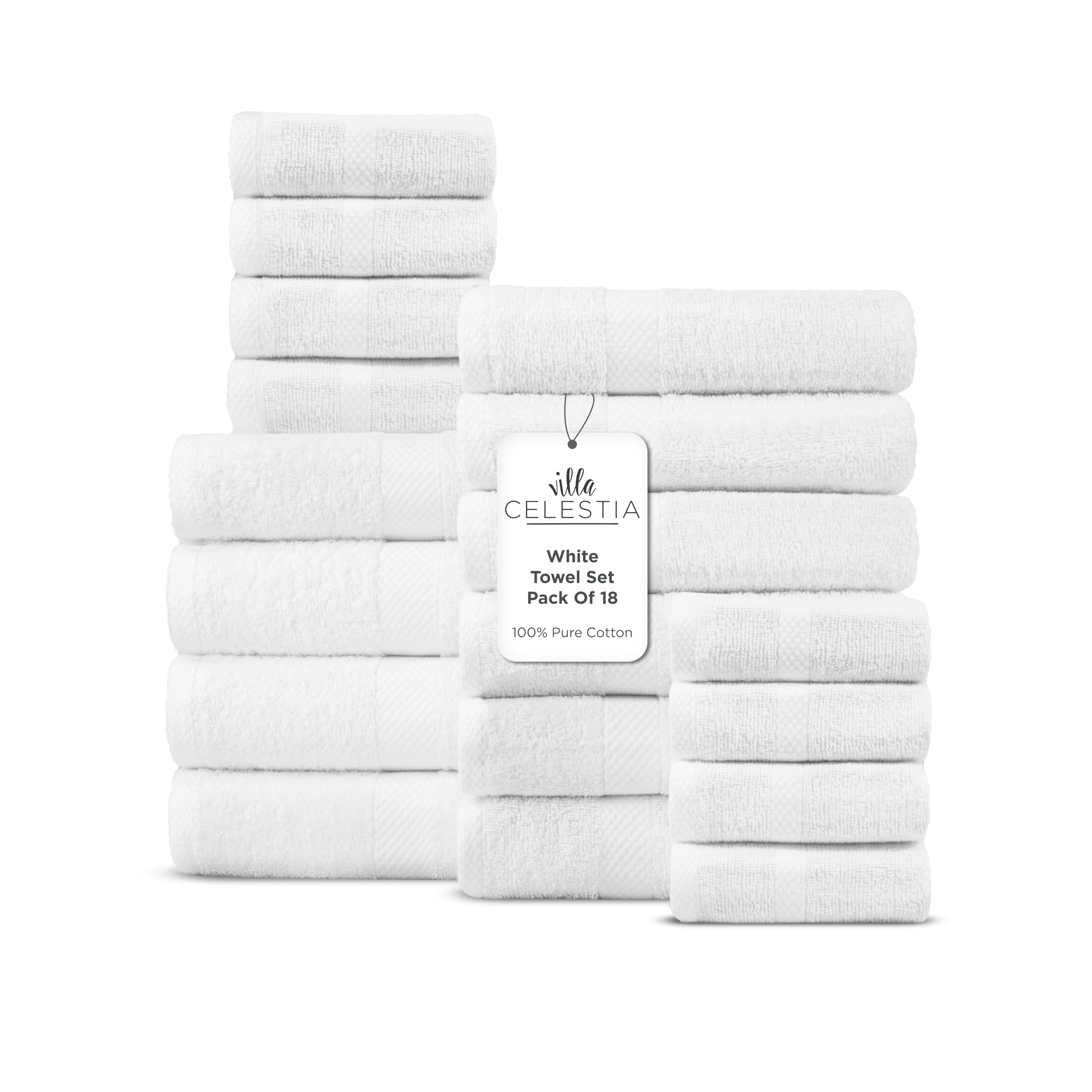 Villa Celestia 18-Piece 100% Cotton Towel Set, 4 Bath Towels, 6 Hand Towels, 8 Wash Cloth, Quick-Dry, White