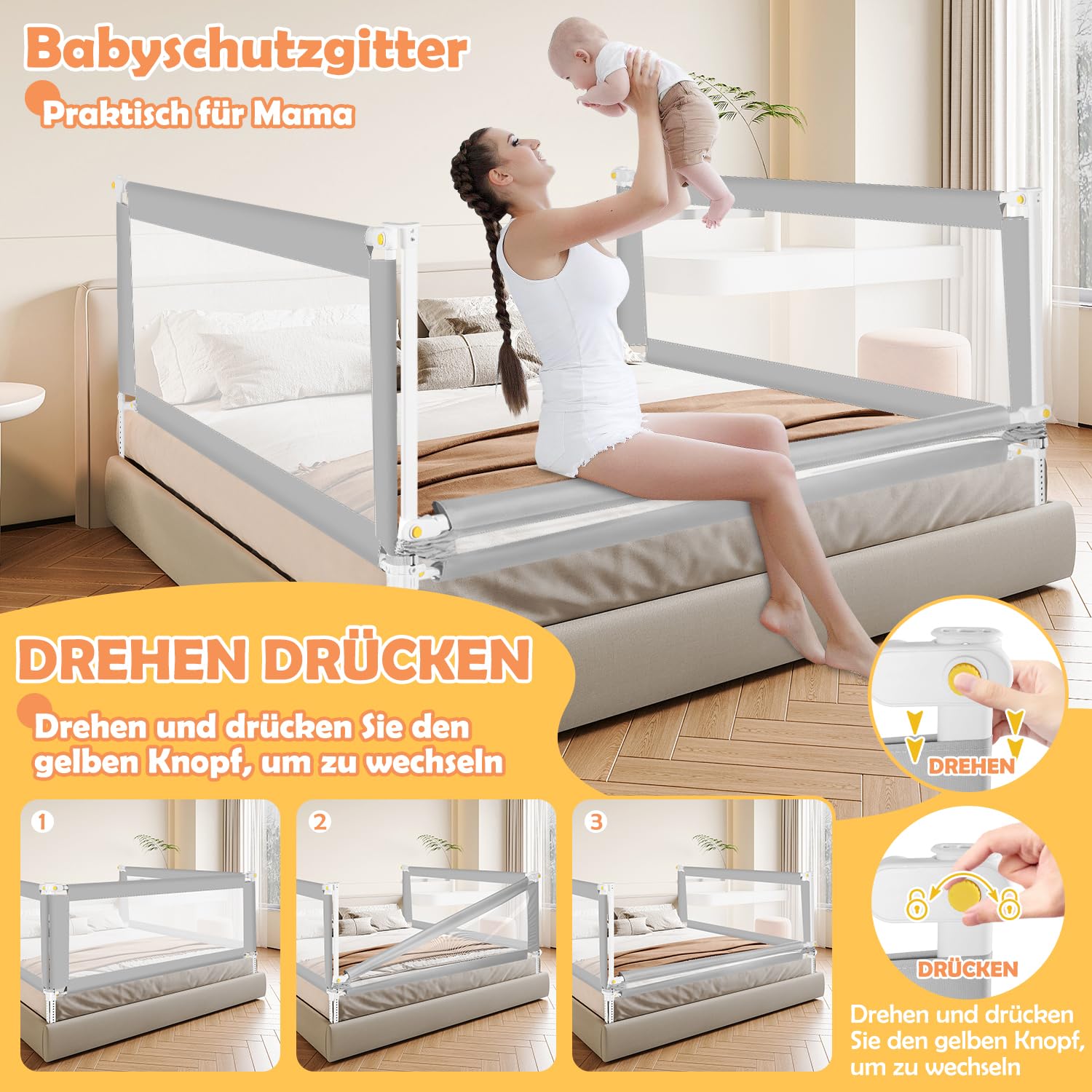 Griglia per letto 200 cm x 2 + 150 cm x 1, pieghevole con base a forma di U, griglia di protezione per lettino, altezza regolabile 68-95 cm, per bambini e letti dei genitori, grigio