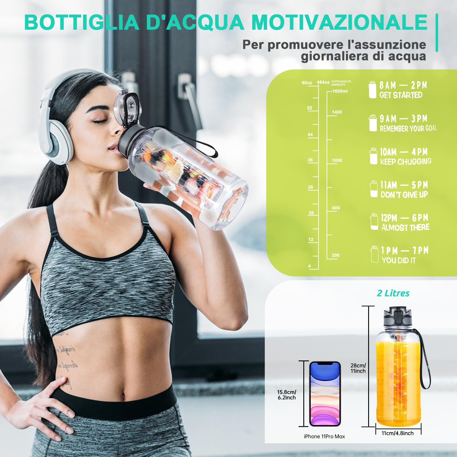 UTEBIT Borraccia 2 Litri con Infusore per Frutta, 2L Borraccia d'Acqua Motivazionale Senza-BPA con Linea Indicatrice, Bottiglia Sportiva Adatto per Trekking, Ufficio, Ciclismo, Palestra, Scuola