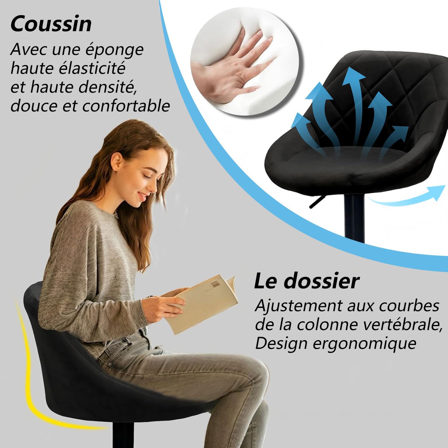 Tabouret de Bar Lot de 4 en Velours Chaise Haute Bar Cuisine Siège pivotant à 360° Réglable en Hauteur Confortable avec Dossier et Repose-Pieds Max.136 kg pour Cuisine Salon Salle à Manger, Noir