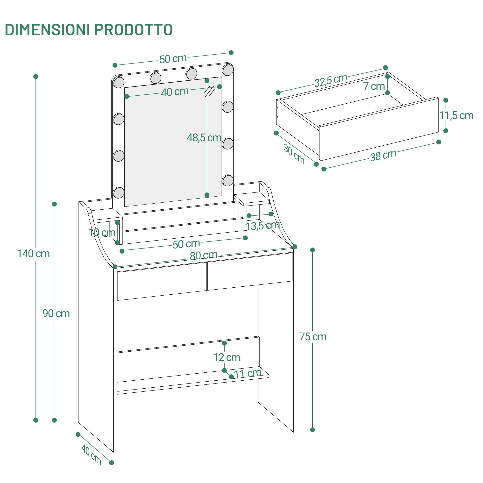 Hzuaneri 80cm Toeletta da Trucco con illuminazione a LED, Luminosità Regolabile, Tavolo da Trucco con Specchio, Toeletta con 2 Cassetti e 2 Scomparti Aperti, Moderno, Bianco DT39503X