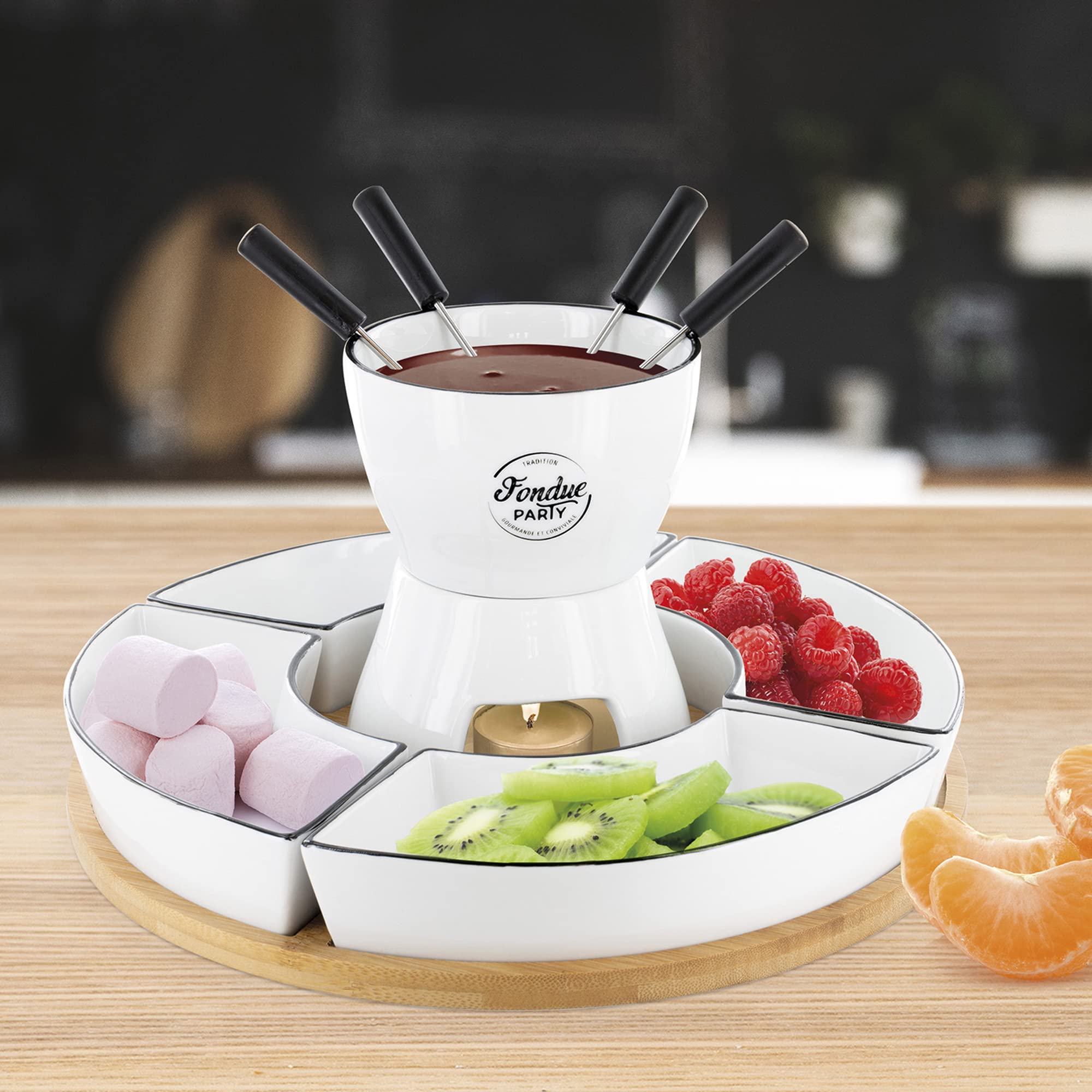 COOK CONCEPT - KA4602 Coffret à Fondue avec Support en Bambou et Coupelles - Conçu pour Repas Conviviaux - Dimensions 19 x 30 x 30 cm - Couleur Blanche