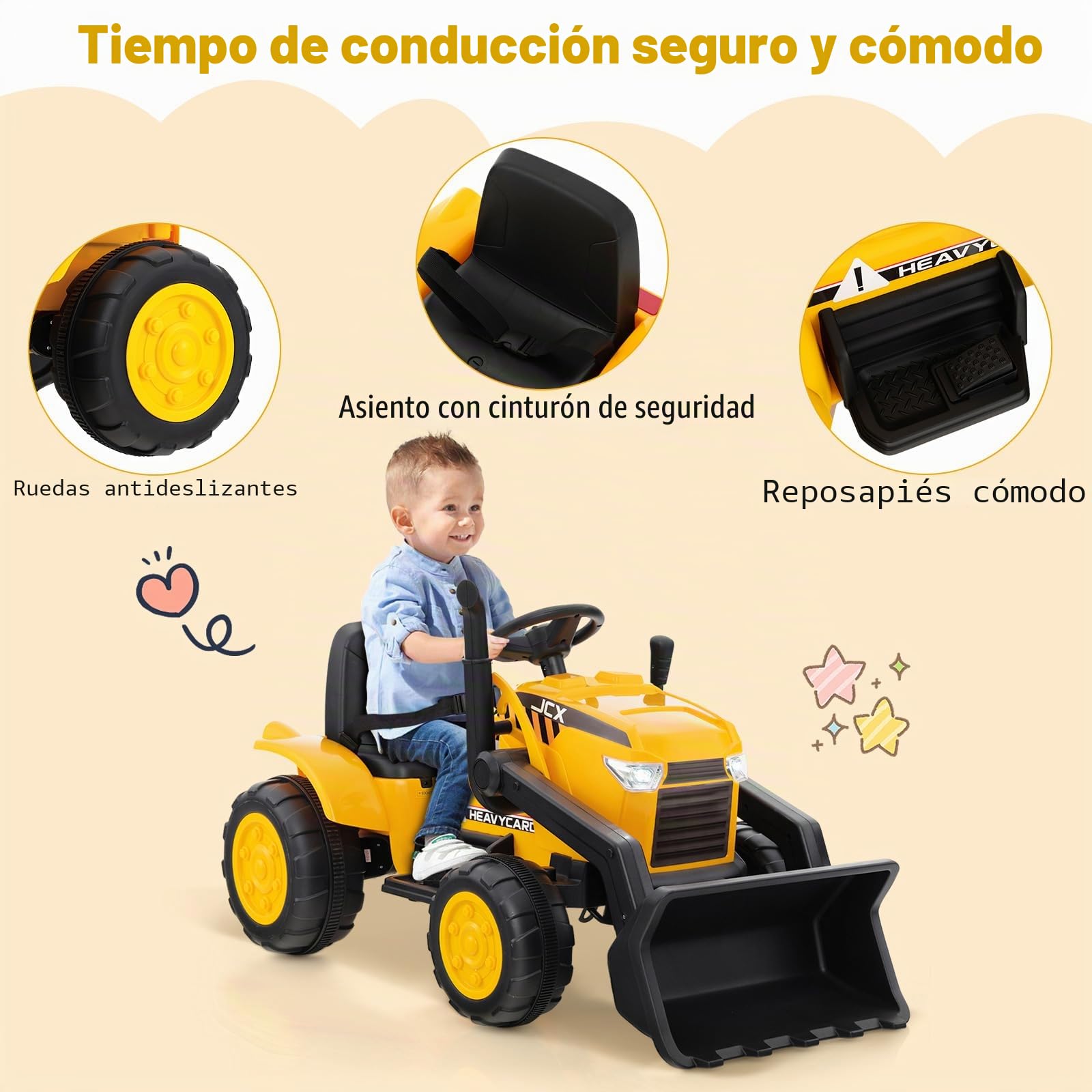 GOPLUS Cargador eléctrico de 12 V con pala, vehículo infantil con mando a distancia, faros, música y claxon, vehículo de construcción con función de arranque lento y ruedas antideslizantes para niños