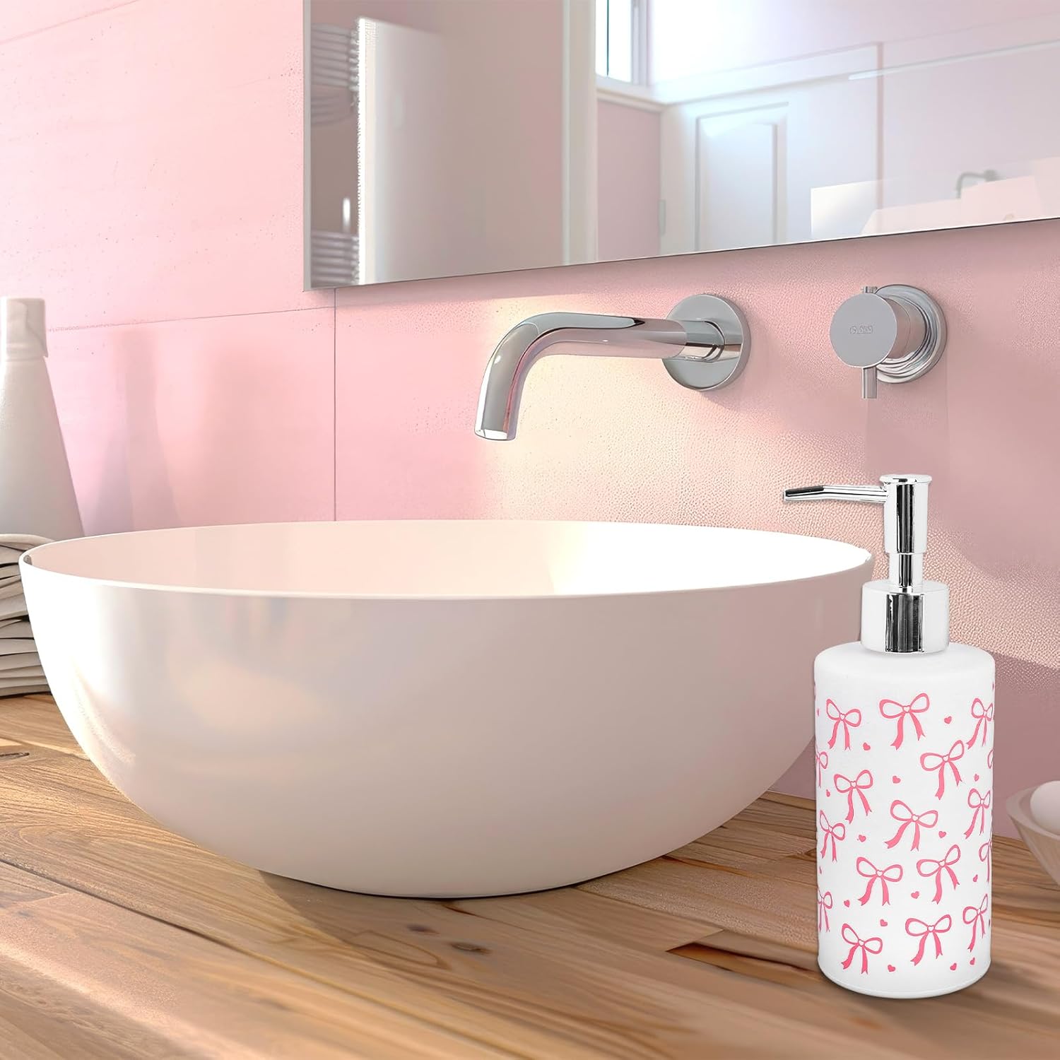 Pink Bow Soap Dispenser Coquette Bow Knot Mini Heart Glass Soap Dispenser with Pump Refillable Liquid Soap Container for Bathroom Kitchen Countertop Decor - Image 3