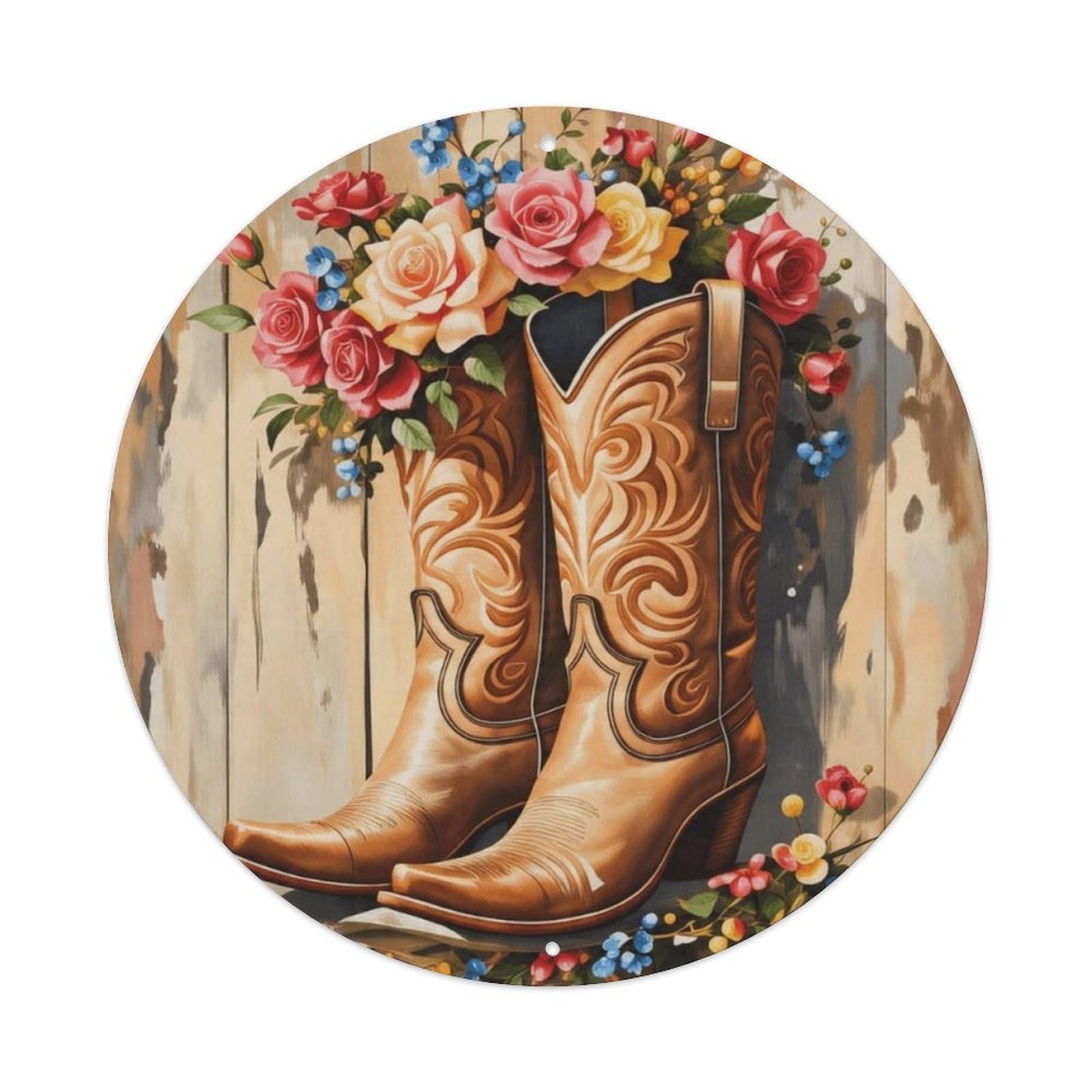 Floral Cowboy Boots Country Round Metal Sign Vintage Aluminium Metal Sign, Retro Wall Decor for Home, Bar, Garage & Farmhouse 20x20cm