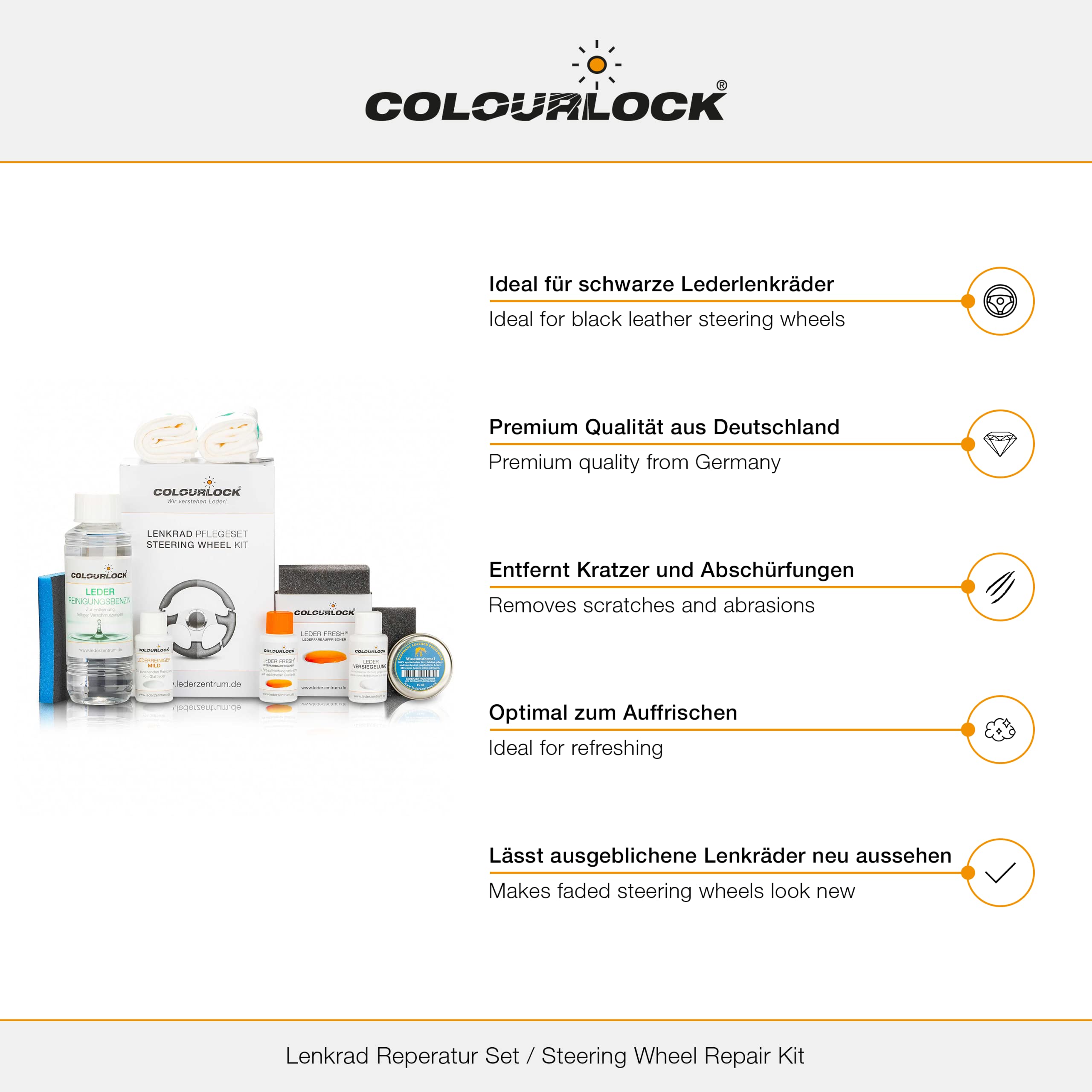 COLOURLOCK Lederreparatur Set - Ideal zur Pflege und Aufbereitung schwarzer Lenkräder - Inklusive Lederreiniger, Entfetter, Farbauffrischer und mehr