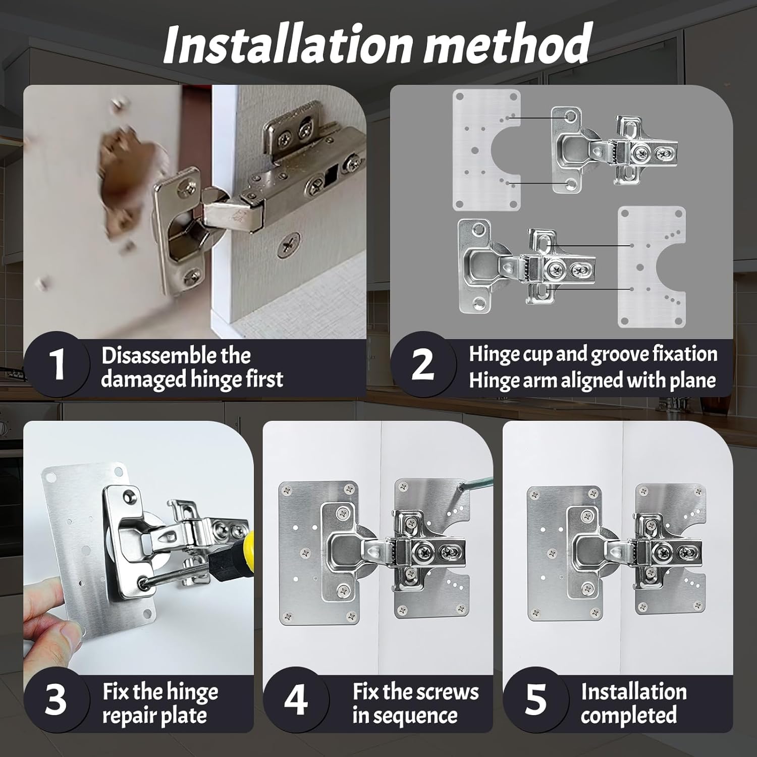 3 Pcs Cabinet Door Hinges, Cabinet Hinge Repair Plate Kit Fix Loose Sagging Cabinet Doors,Hinge Repair Plates for All Home Cabinets,Door Repair Kit Include(9 Repair Panels+3 Hinges+54 Screws) (3)