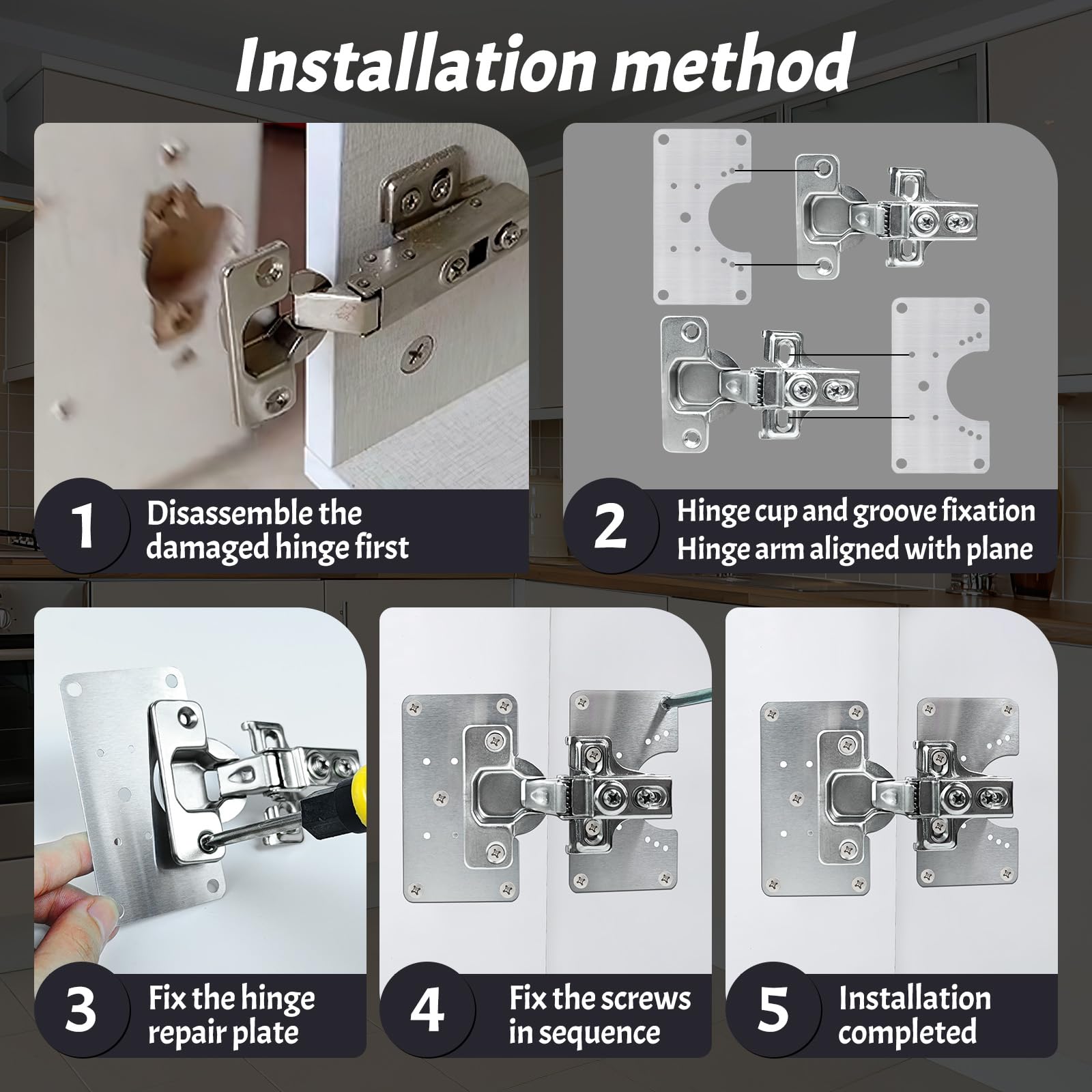 4pcs Cabinet Hinge Repair Plate Set ,Stainless Steel Hinge Repair Kit,Kitchen Cupboard Door Hinge Repair Brackets,Household Fixing Plate with Mounting Screw (3 Repair Panels+3 Hinges+54 Screws) - Image 4