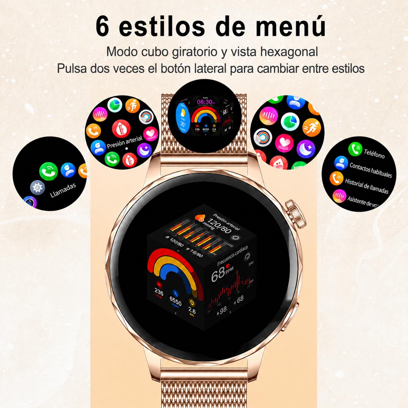 Efolen Reloj Inteligente Mujer con Llamadas Bluetooth, 1.27" Smartwatch Mujer Redondo con 2 Correas, 120+ Modos Deportivos, Pulsómetro, SpO2, Sueño, IP68 para Android iOS, Oro Rosa