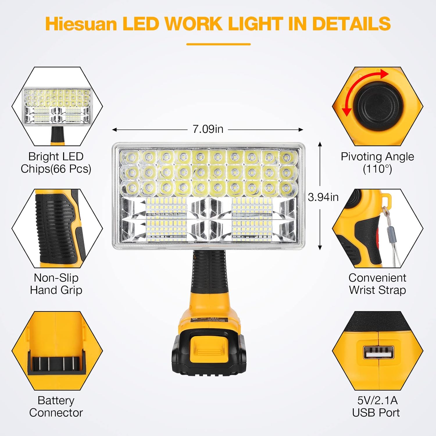 LED Work Light for Dewalt 20V Battery, Hiesuan 30W 3300LM Jobsite Light Flashlight Spotlight with 110 Degree Pivoting Head Zinc Alloy, 5V 2.1A USB Port