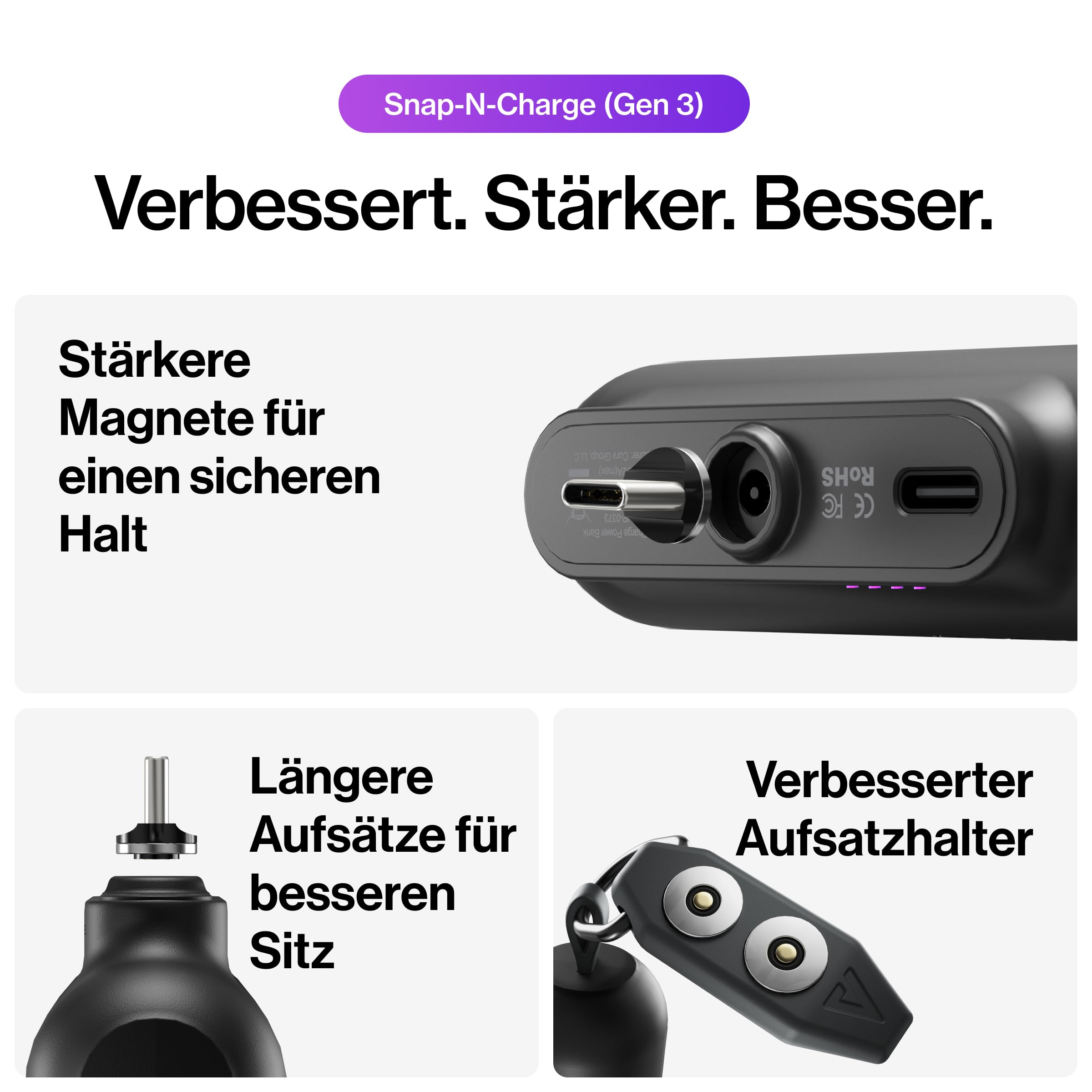 STATIK Snap-N-Charge (Gen 3) Mini Powerbank, tragbares Ladegerät für alle Geräte, 3-in-1 Magnet-Adaptern (USB-C, Micro-USB, iProduct), kompakt, 3.200 mAh, 10W, Schwarz, 3er-Pack
