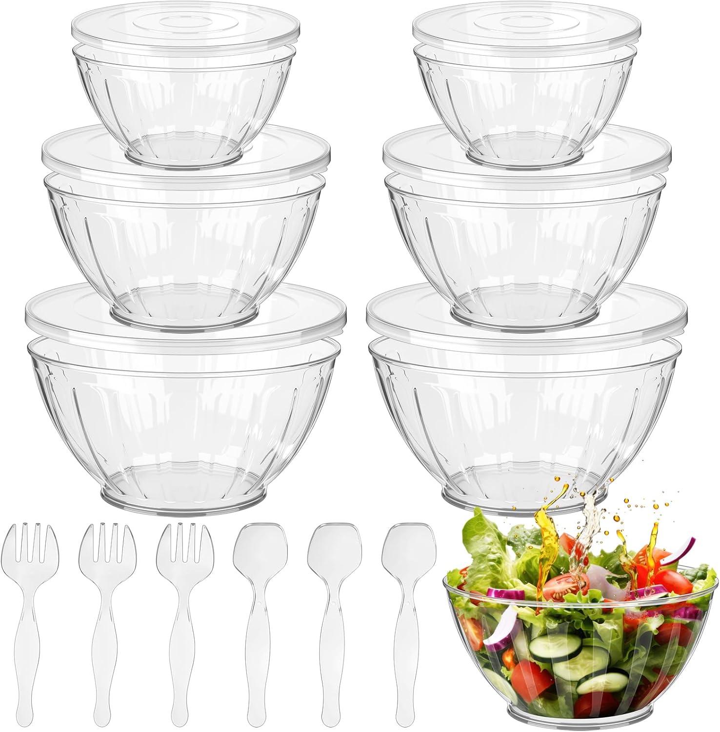 6 Set Clear Plastic Salad Bowl, 80 oz, 120 and 170 oz Thickened Reusable Large Serving Bowl with Lid, Fork, Spoon, Round Salad Container for Chip, Popcorn, Snack, Candy, Party Supplies