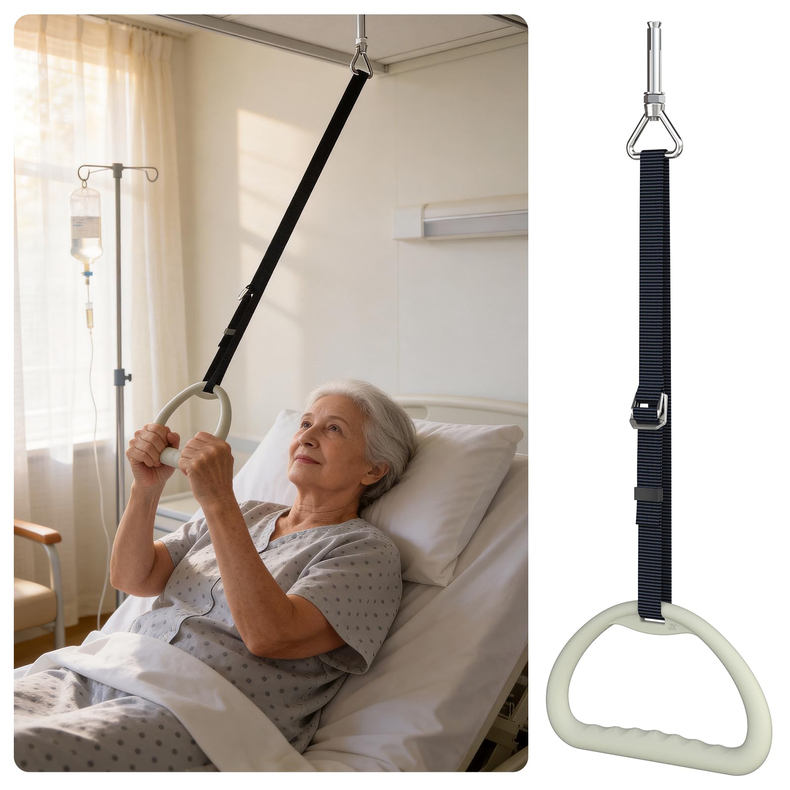 Balgi do łóżka dla osób starszych, pomoc przy wstawaniu do montażu sufitowego, regulacja wysokości 20-200 cm, szeroki trójkątny uchwyt, nośność 300 kg, wytrzymała stal węglowa – bezpieczna podczas