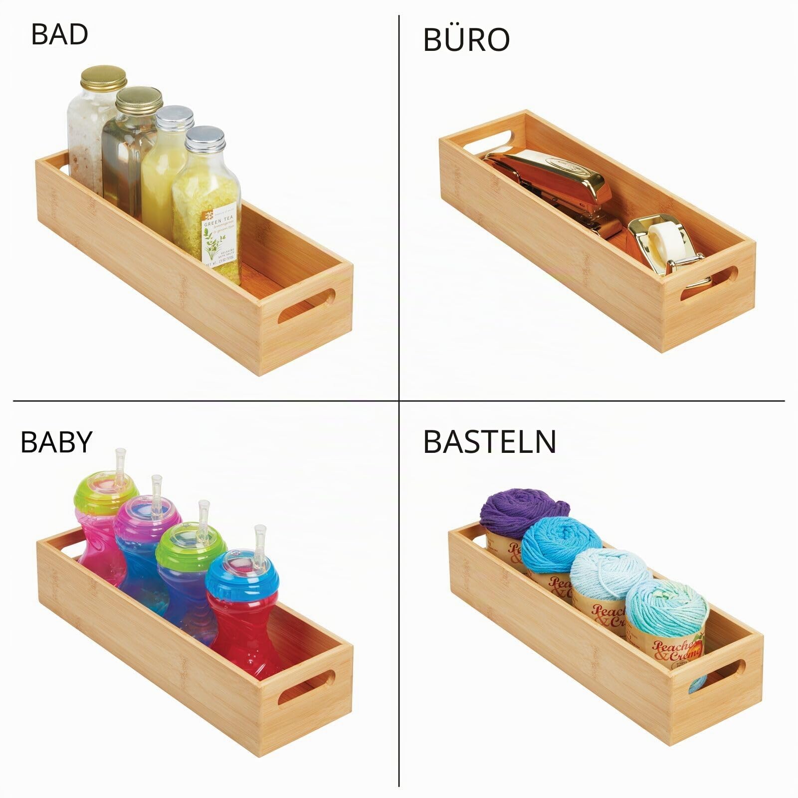 mDesign 2er-Set Aufbewahrungsbox mit Griffen – praktische Holzbox zur Lebensmittelaufbewahrung – für Gewürze, Nüsse oder Flaschen – offene Ablage aus Bambusholz für die Küche – bambusfarben