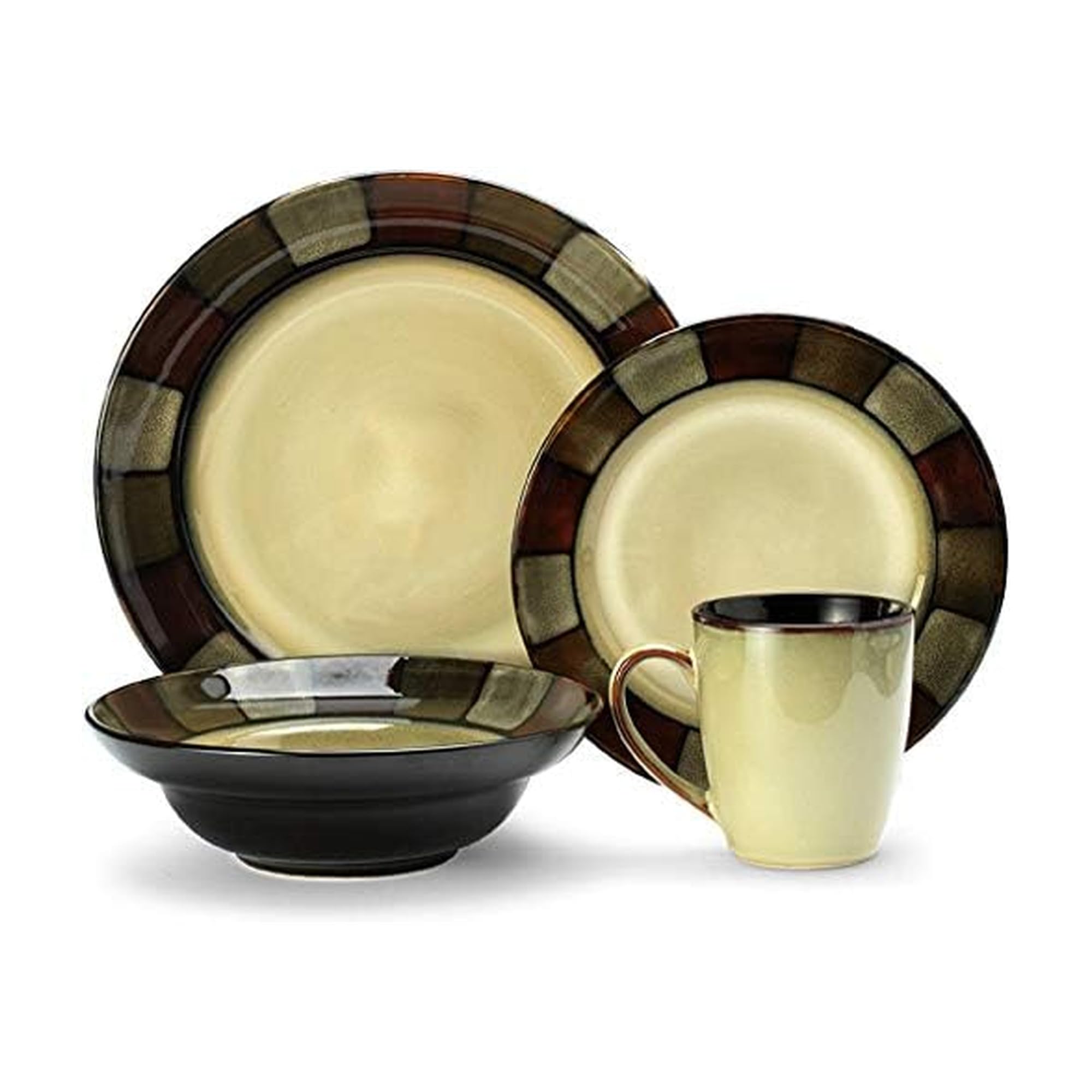 Pfaltzgraff Taos 16-Piece Stoneware Dinnerware Set, Service for 4,Beige/Olive