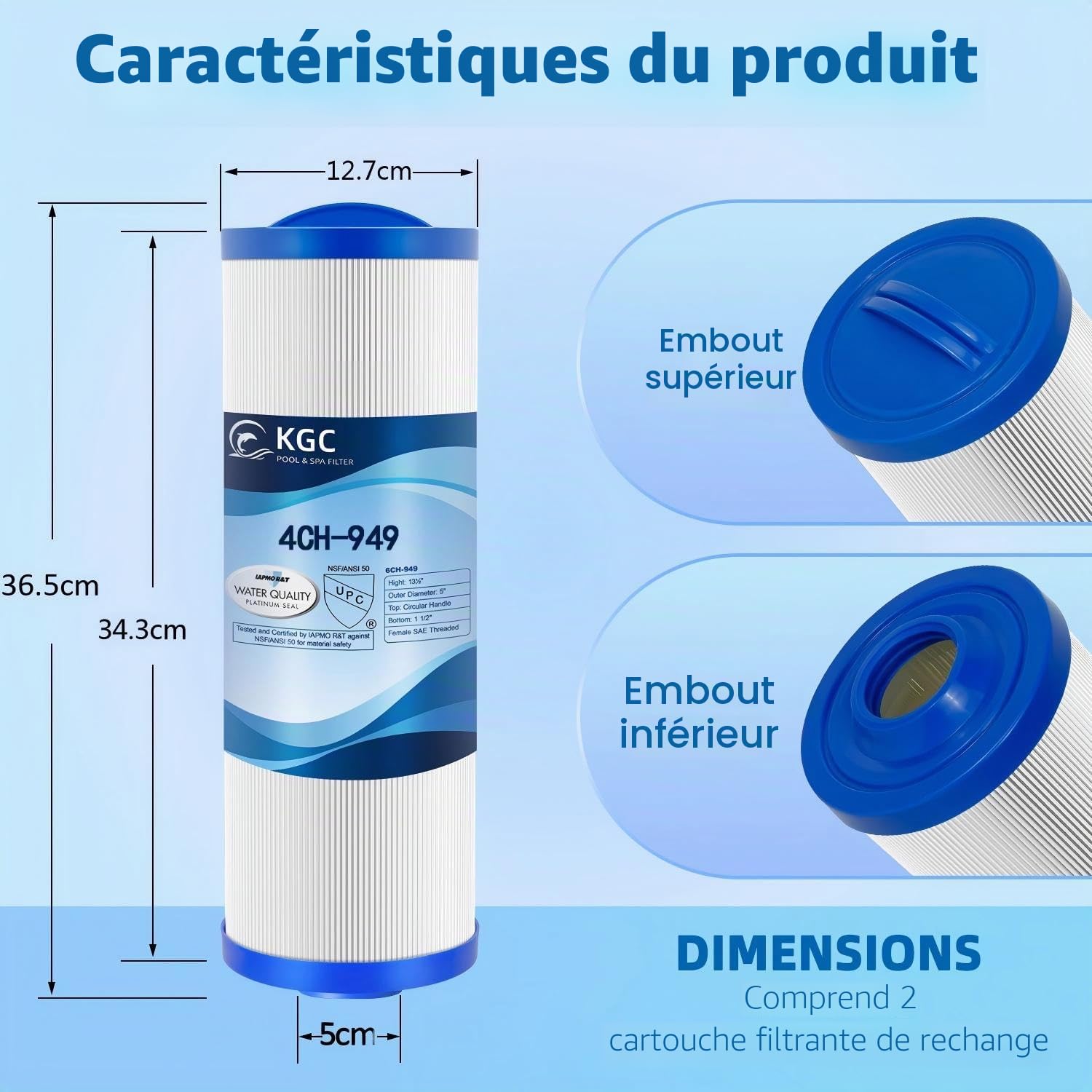 KGC 4CH-949 Cartouche de Filtre, Lot de 2 Filtre de Spa Compatibles avec Pleatco PWW50L, Filbur FC-0172, SD-01143, 817-4050, Waterway Teleweir 50 et Rising Dragon 50, Filtre pour Spa Piscine