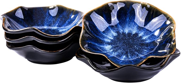 Ceramic Soy Sauce Dish Set of 5, 4.3 Flower Scalloped Side Dishes