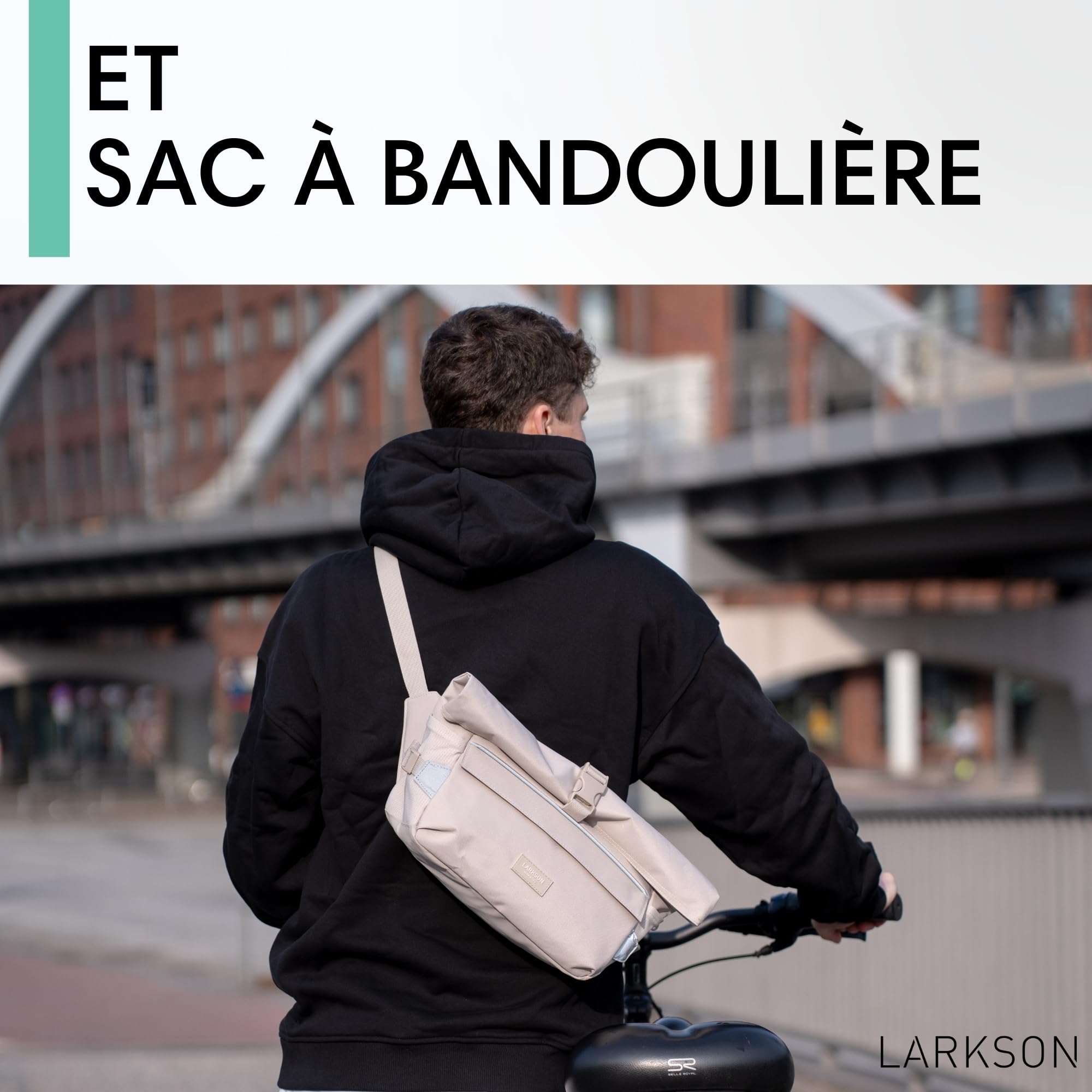 LARKSON Sacoche de Guidon Vélo Beige - Lasse - 2 en 1 Sacoche de Vélo & Sac à Bandoulière - Sacoche Bikepacking pour Guidon Avant avec Réflexion - Hydrofuge