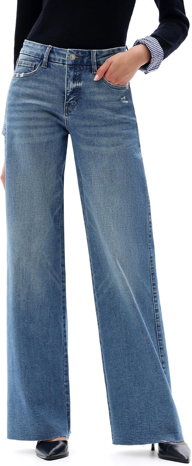 ONESO Wide Leg Jeans for Women Mid Rise BBL Stretchy Baggy Jeans Distressed Pants Loose Denim