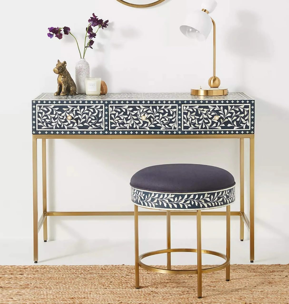 ukindianfurniture Bone Inlay Console Table | Handmade Floral Pattern Mango Wood Cabinet with 3 Drawers | Brass Base | 47 x 16 x 31 Inches | Elegant Entryway & Living Room Furniture-image-4