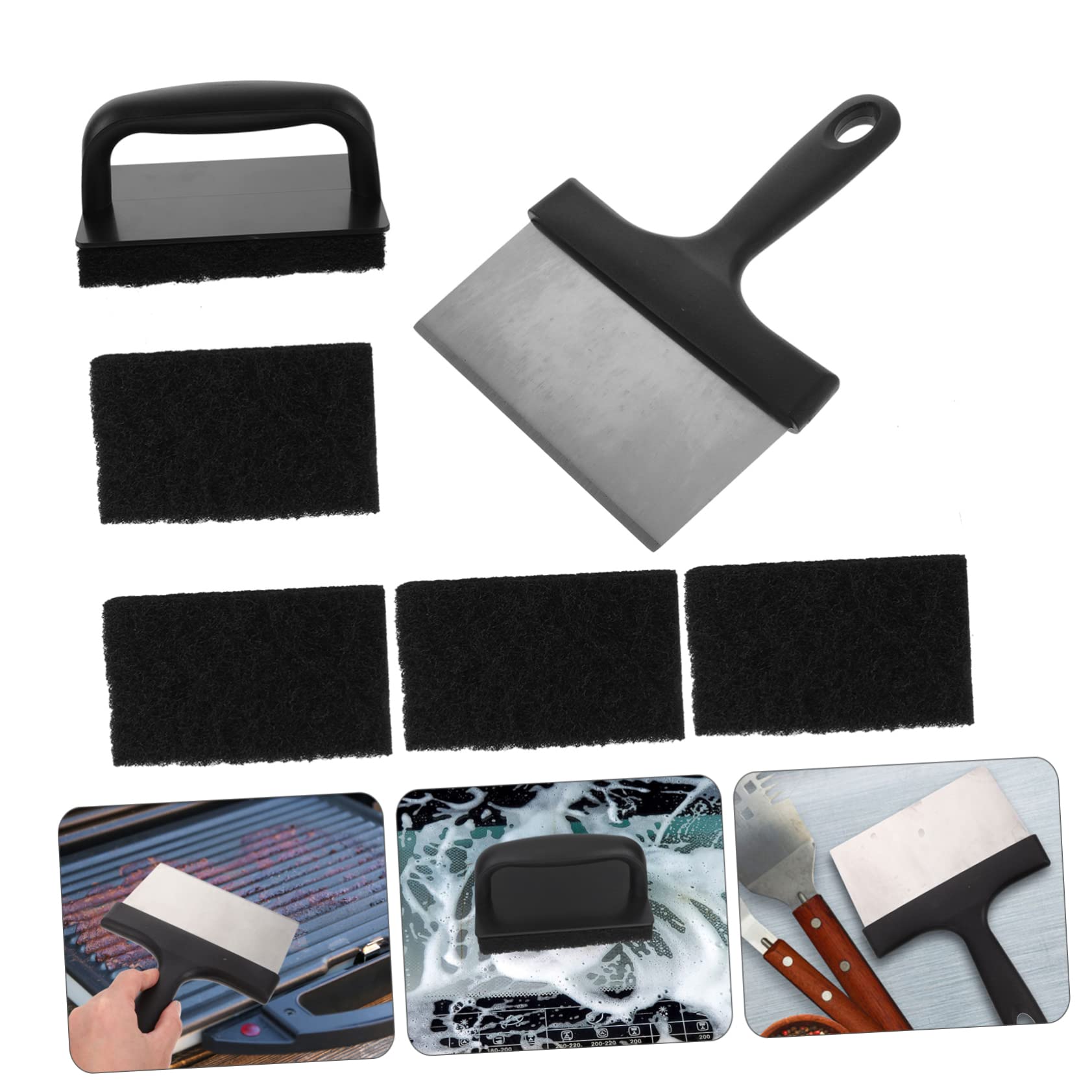 Juego de Raspadores para Parrilla de Barbacoa 1 Set Acero Inoxidable | Cepillos y Esponjas de Pp, Negro, para Rejillas de Grill, Quita Residuos Quemados, Diseño Multiuso
