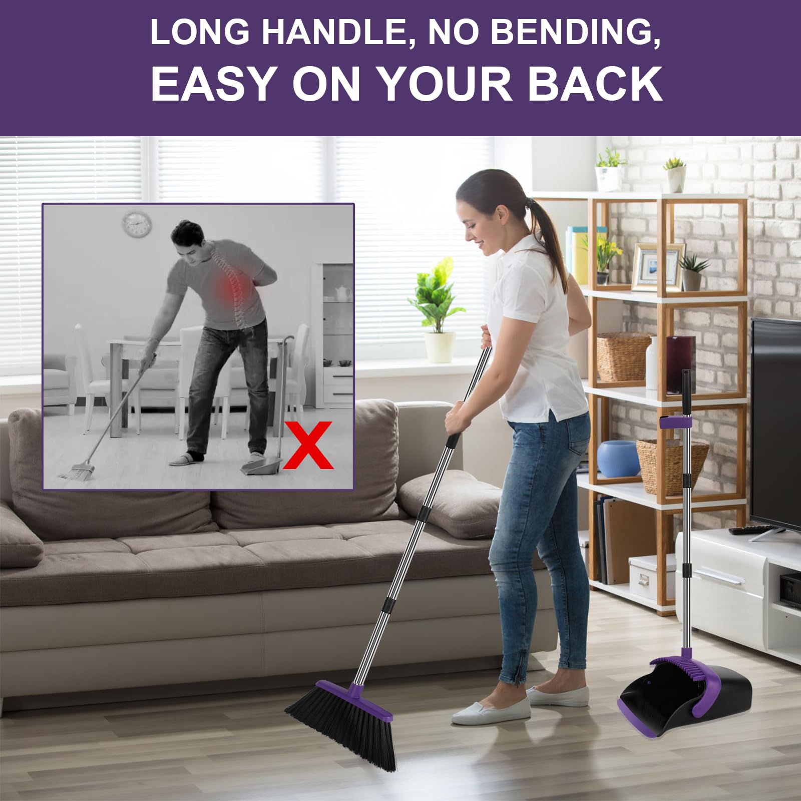 Juego de escoba vertical extragrande y recogedor, mango largo de 55 pulgadas de largo, juego de escoba y recogedor para el hogar, cocina, oficina