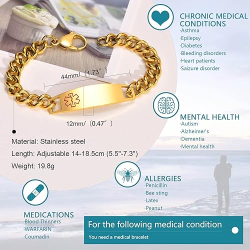 Miniatura 59 de VNOX Pulsera de identificación de alerta médica, pulsera de emergencia de acero inoxidable para hombre y mujer, 7.2/8/8.4 pulgadas *personaliza tu