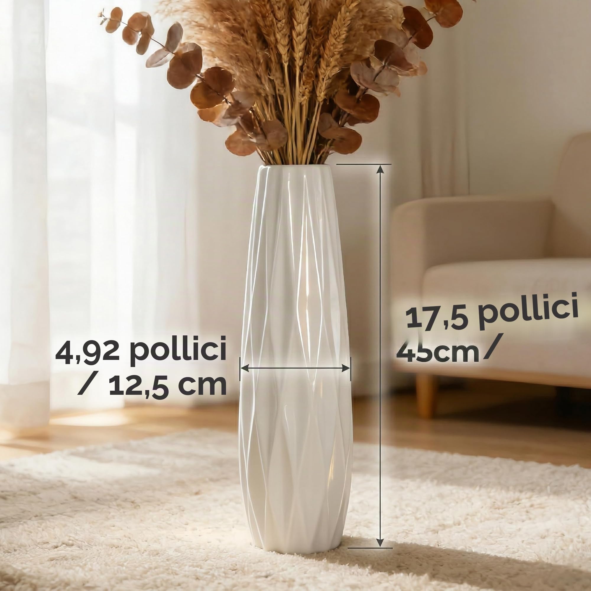 Vaso da pavimento in ceramica bianca alto 45 cm – Vaso decorativo grande per tavolo, scaffale, soggiorno – Porta fiori per fiori secchi – Design semplice