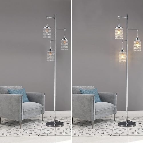 Miniatura 4 de beaysyty Art Decor - Lámpara de pie de cristal contemporánea de 3 luces para sala de estar, dormitorio, oficina, bombilla incluida, acabado cromado