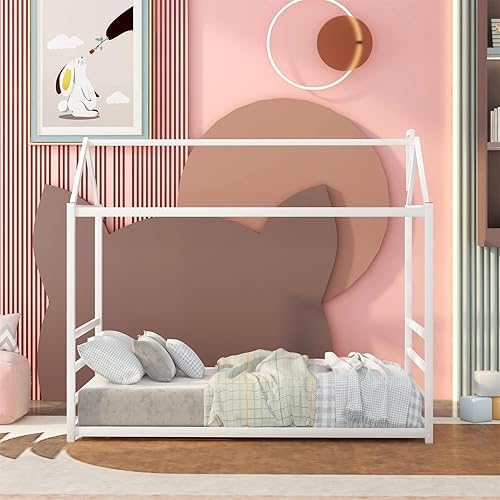 Bellemave Camas de casa para niños pequeños, marco de cama de metal tamaño individual, cama Montessori para niños, niñas y adolescentes, color blanco