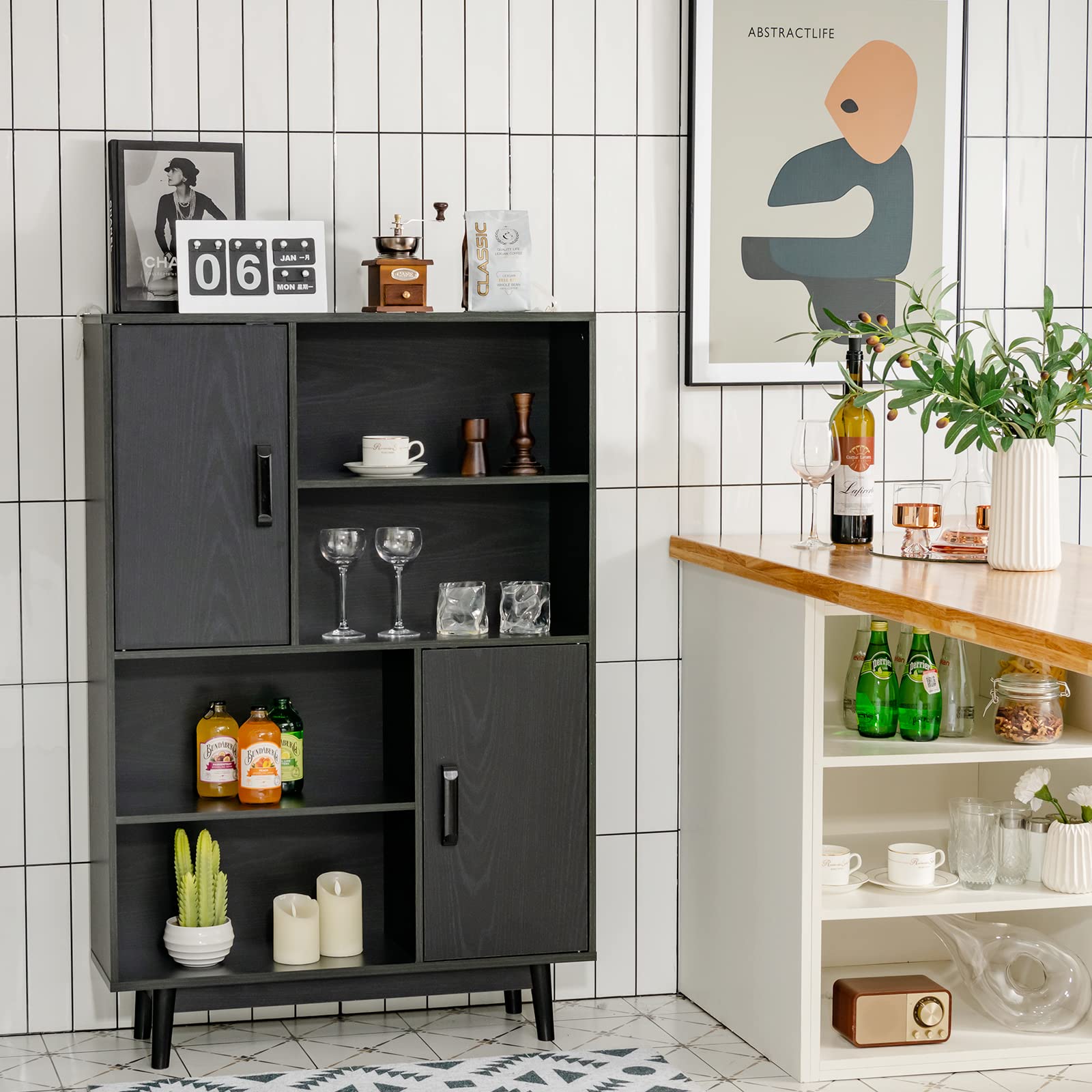 COSTWAY Bücherschrank mit 2 Türen und 4 offenen Regalen, Bücherregal Holz, Standregal, Holzregal, Aufbewahrungsregal für Wohnzimmer, Arbeitszimmer, Küche, 80 x 24 x 120 cm (Schwarz)